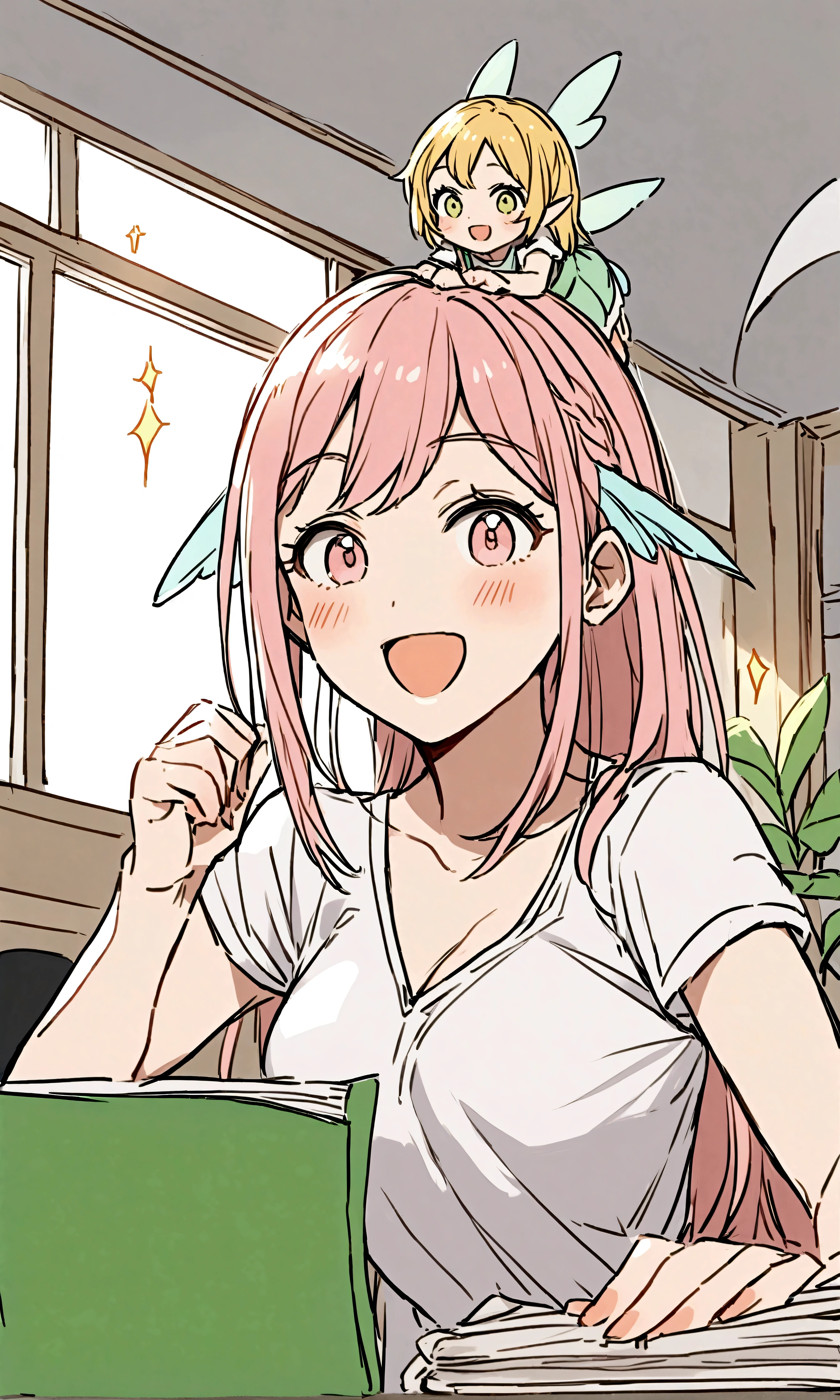 A cheerful little fairy flies above the heads of office workers, holding up documents in her hands. The workers look up from their computers and smile. The office is bright and airy, and the windows offer a view of the city outside. The fairy's documents contain new ideas and presentations that will motivate the workers. The workers' desks are cluttered with coffee cups and papers. Overall, the image conveys a lively scene in a bustling office.
Keywords: office, fairy, documents, smile, cheerful, lively
Additional notes:
* The fairy's wings should sparkle.
* The workers should be of different genders and ethnicities.
* The office should be modern and well-lit.