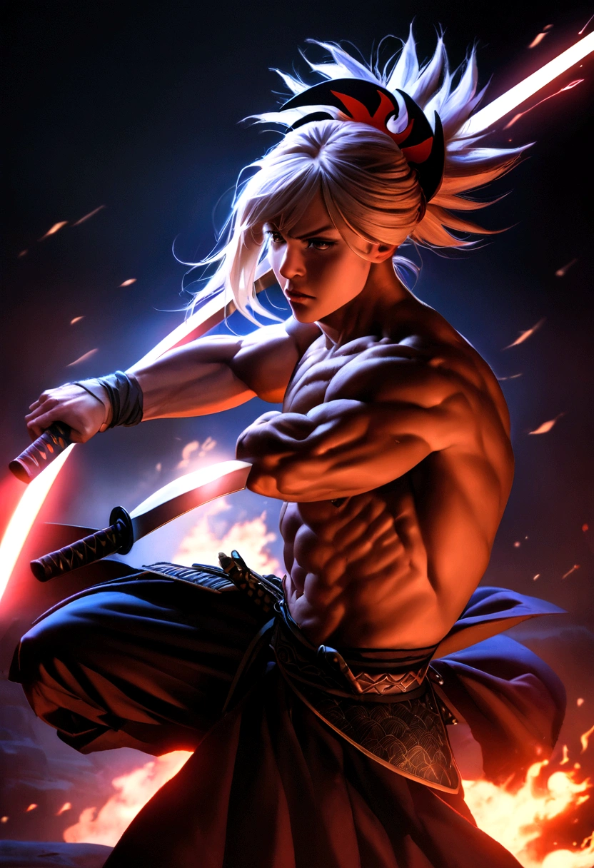 Highest image quality, masterpiece, super high resolution, (reality 1.4), raw photo, male, Miyamoto Musashi, muscular, strong build, stern expression, brown body, dynamic pose, mid-swing, slashing down with two swords, intense motion blur, wind blowing his hair and clothes, background with a burning temple, solo, Japanese armor, black hair, white skin, red tattoos on both cheeks, dark background with blue-white light in the background, deep shadows, low key, cold light 12000K, intense focus, dramatic lighting, energy and power
