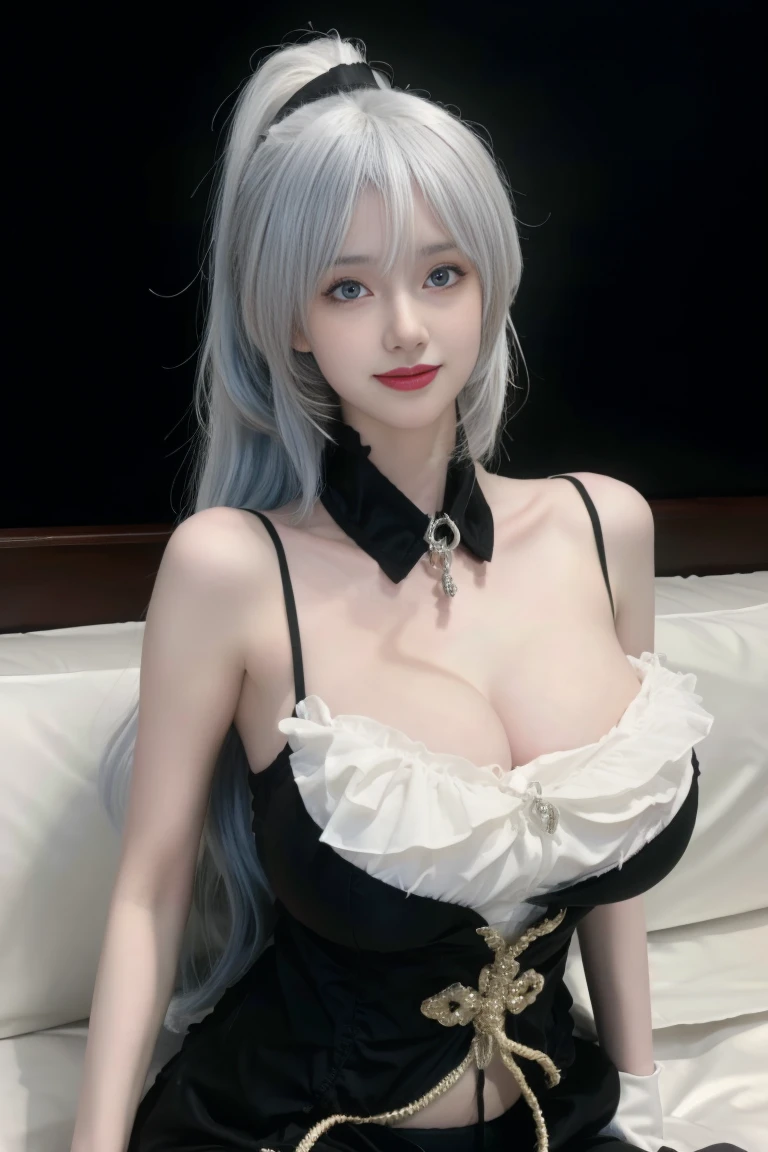 best quality, tmasterpiece,Ultra-high resolution,Clear face,(Reality:1.4),ferpect lighting,(upper body photo), (photorealistic:1.50), anime wallpaper, Guviz style artwork, cover-up fantasy up to magic , by Yang J, Guviz, beautiful artwork illustration, beautiful digital artwork, beautiful digital illustration, Li Song, beautiful anime portrait, art style in Beauvot, 1girl, 独奏, long hair, white hair, Ponytail hair, chlothing, standing, looking at viwer, indoor, (super Giant breast:1.5), Sagging breasts, pose sexy, smile,