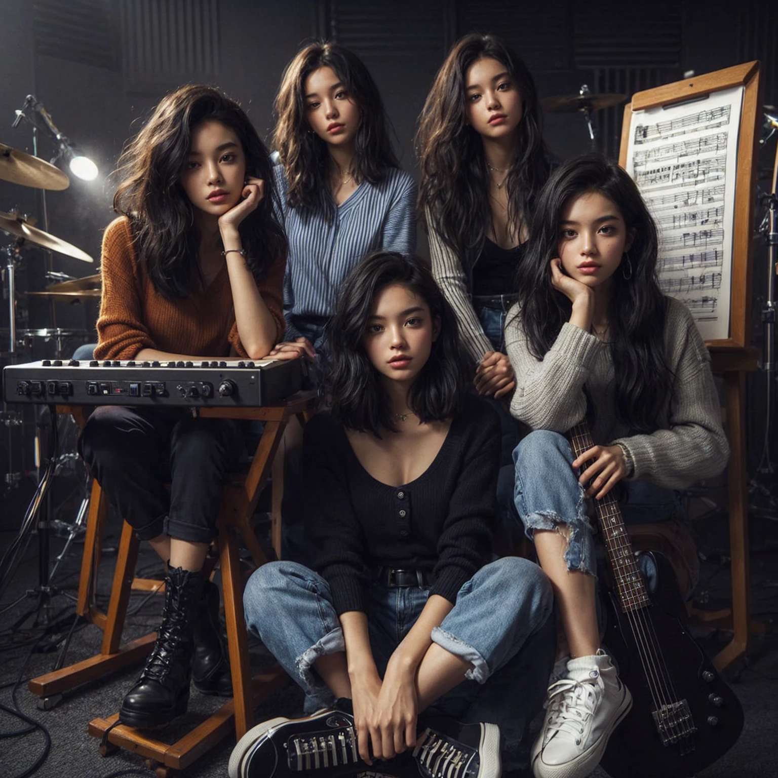**Photo of 5 beautiful girls, aged 18 to 20, sitting:**
- **3 girls with messy black hair**
- **1 girl with wavy bob black hair**
- **1 girl with a black ponytail**
One girl is playing the drums, one girl is playing the piano, one girl is playing the bass guitar, one girl is playing the guitar, and one girl is singing. They are sitting behind a board with the word "ECHO" written on it. The background is a music studio, complete with drums, guitars, bass guitar, and piano. The image is ultra HD, 4k, photorealistic, raw, and a masterpiece.