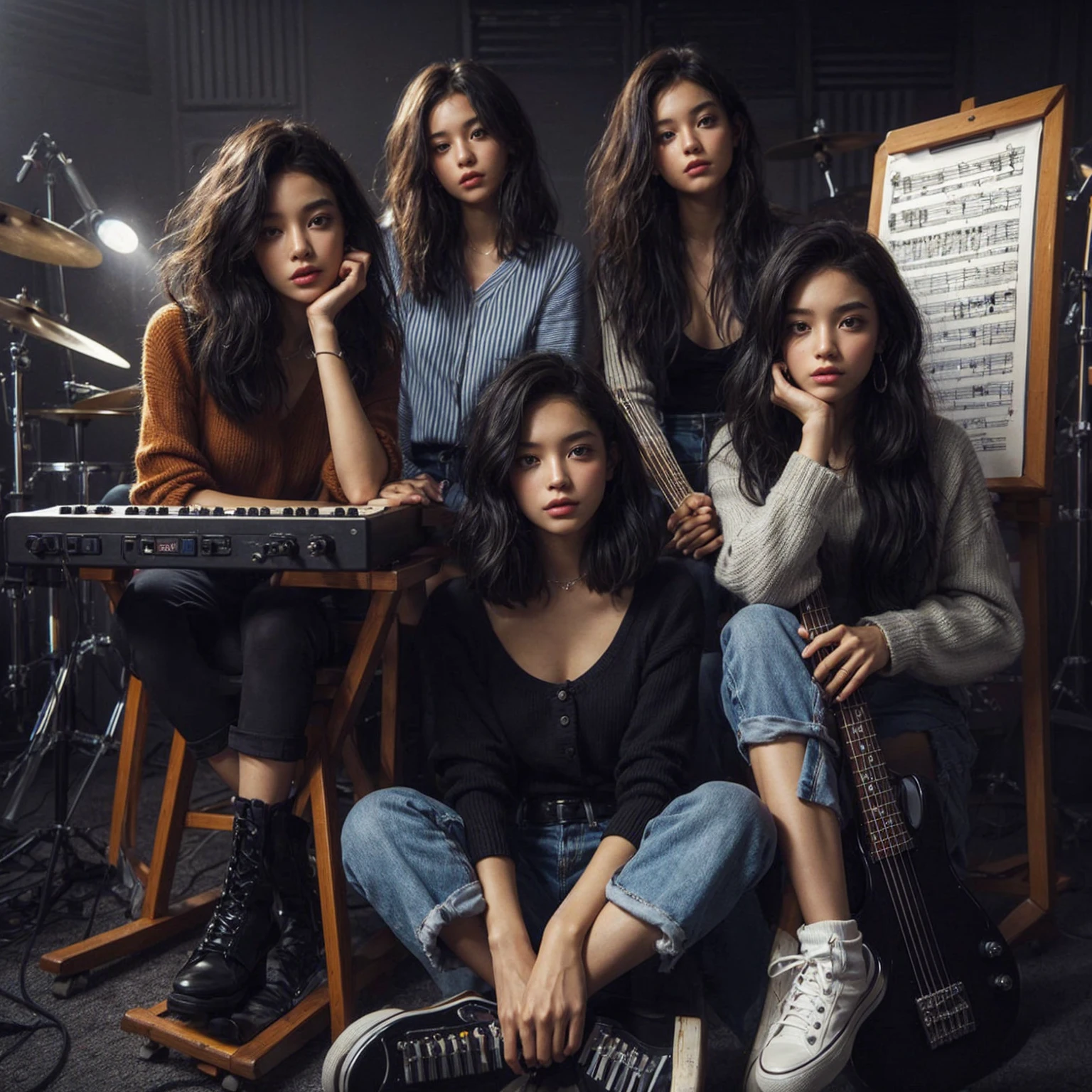 **Photo of 5 beautiful girls, aged 18 to 20, sitting:**

- **3 girls with messy black hair**
- **1 girl with wavy bob black hair**
- **1 girl with a black ponytail**

One girl is playing the drums, one girl is playing the piano, one girl is playing the bass guitar, one girl is playing the guitar, and one girl is singing. They are sitting behind a board with the word "ECHO" written on it. The background is a music studio, complete with drums, guitars, bass guitar, and piano. The image is ultra HD, 4k, photorealistic, raw, and a masterpiece.
