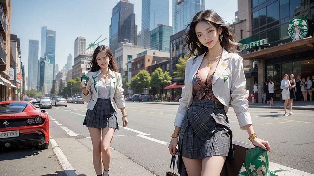 8K、RAW Photos、Highest quality、Super detailed、Super Resolution、Ultra HD、8K壁紙、Amazing details blazer uniform girl ((White blouse with formal collar, Blue Blazer,
Red Check Skirt, Red checkered ribbon on blouse)), Complete limbs, Full Finger,
((((((Starbucks outdoor cafe among skyscrapers))))))、((16 year old female student))、(((((Eat cake、smile)))))、(((Heart Necklace、Gold bracelet)))
((((((Woman with Starbucks coffee))))))
(((Emphasize cleavage)))
(((((Ferrari 488)))))
(((((Dark eyeshadow)))))
((((Full body photo、The whole body is visible、Full body portrait))))
