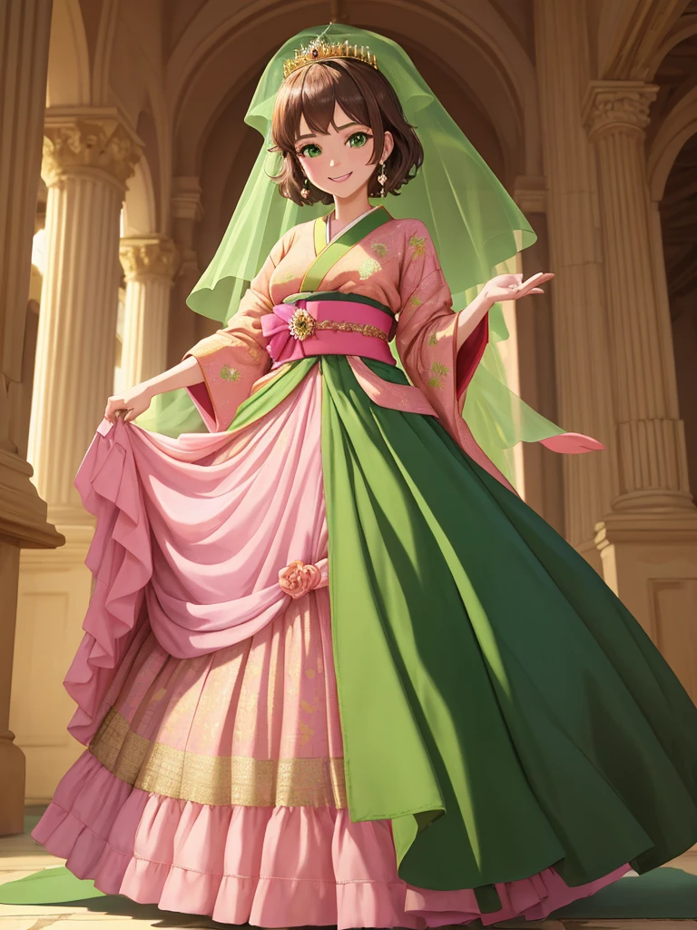 masterpiece, best quality:1.2), 1girl, smile, looking at viewer, green eyes, short brown hair, princess, princess dress, wearing puffy pink ballgown skirt reaching the floor, green kimono, golden tiara with veil, standing in ballroom of medieval castle