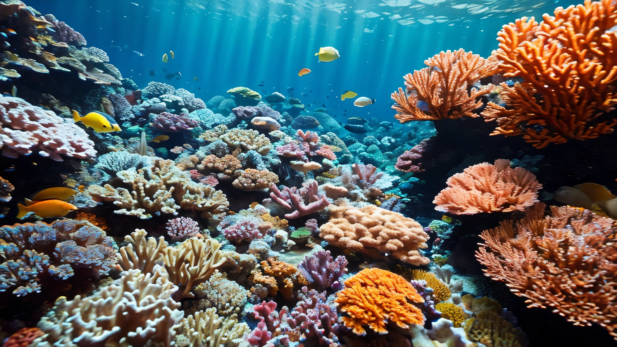 Lots of corals in the deep sea。Mysterious and colorful
