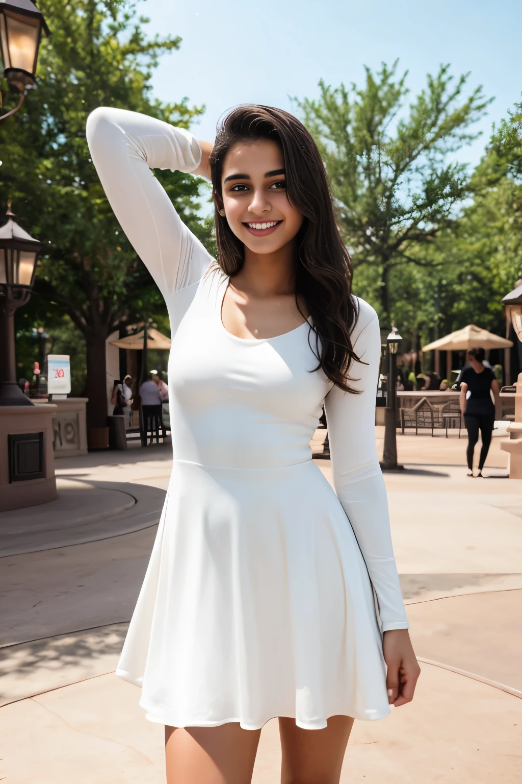 teen fashion model, pakistani, skinny, thin, slim, lean, slender, nubile, posing for picture, natural lighting, armpits, perfect lips, young, youthful, teen, teenager, walt disney world, wdw, shy smile, longsleeve dress, hijab