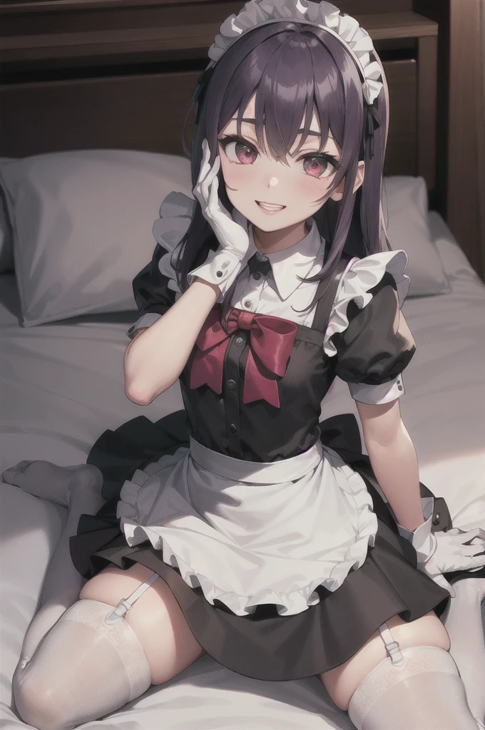 1 girl, alone, (Colored Hair:1.3), short hair, (Side up twin tails:1.3), (Beautiful green eyes:1.2), (Flat Chest:1.1), (Small body:1.4) Wiza, Sitting, Arms back, indoor (Maid clothes, Maid Cosplay:1.3), Knee socks, (Brown knee Knee-high socks, Long socks:1.2), Knee-high socks