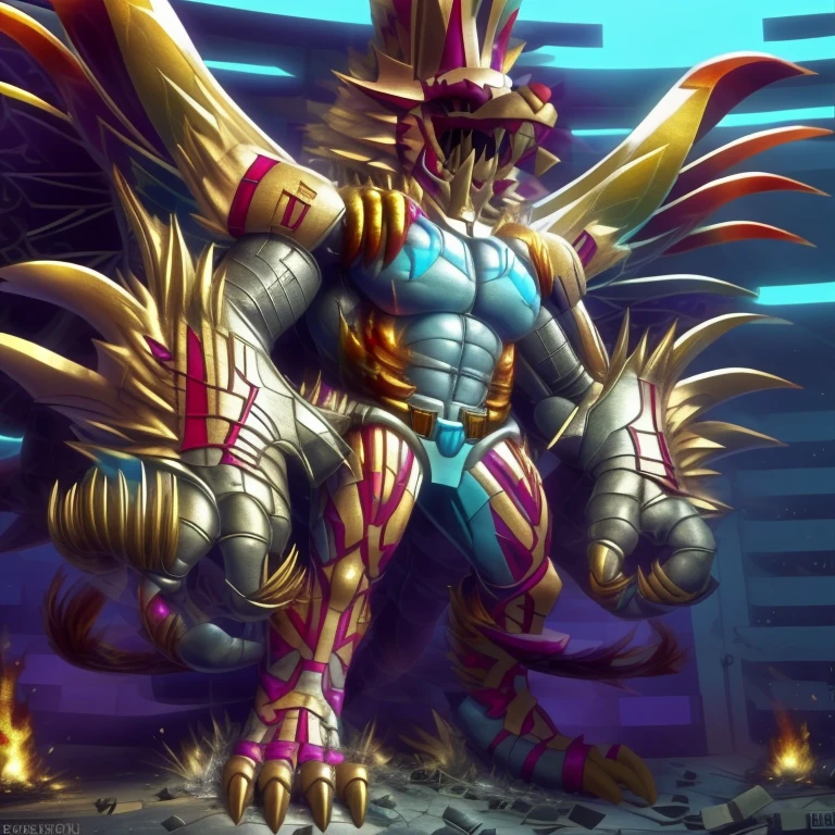 (masterpiece. official art. 8k. best quality. detailed full body. full body.)

(situation 1 : dominating The Phoenix Wolf. The Phoenix Wolf is over 1000 meters long. focus GIANT mechanical Muscular The Phoenix Wolf is trampling the car. Looking down.)

(situation 2 :smoke and flames rising from the destruction in the city)

(Additional details 1: Wearing GOLDEN Armor. Cape. Helmet. real texture material. whole body shines like metal. emphasizes the muscles. suit fully made of metal. Robotic suit. edgMecha, wearing edgMecha, mecha suit, robot suit)

(Additional details 1.5: The arms are golden. The lower half of the body is golden. The wolf-shaped helmet has sharp fangs. The whole body is golden. The wolf-shaped helmet. There is a wolf-shaped decoration on the back of the hand.)

(Additional details 2: Detailed head. Detailed Body. Detailed abs. gigantic muscles. HYPER MUSCLES. Gigachad Muscular. big muscle. pecs. triceps. traps. unusually developed muscular body. body full of huge muscles. showing off muscles. pectorales enormes. Exaggeratedly huge muscles. huge muscles. long legs.).

(Additional details 3: nj5furry, Spread wings. It has wings. The claws are sharp. Sharp teeth.). He is laughing defiantly. The claws are sharp. Sharp teeth.). He is laughing defiantly. 

