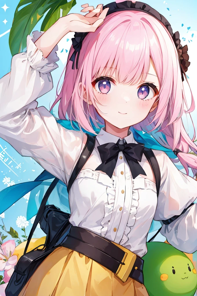 A girl holding the main character's arm、Blue hair short、Summer clothes、Embarrassed