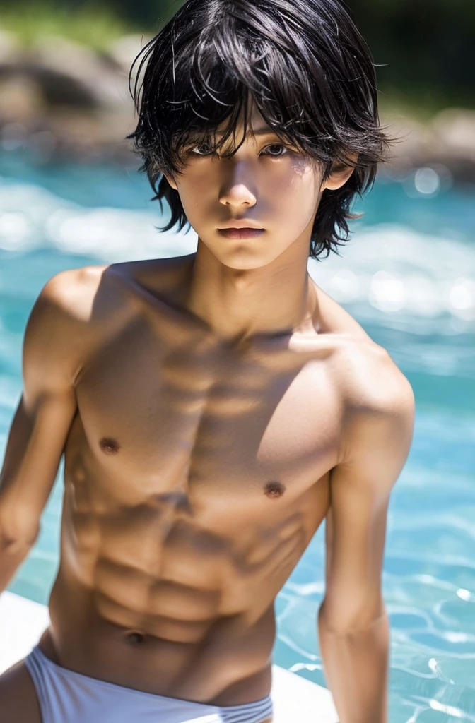 -yeld boUpper body naked, White Bikini ,Smooth Skin,plateau,  Black Hair,   Thin、Beautiful Boy、Japanese、Dark Eyes