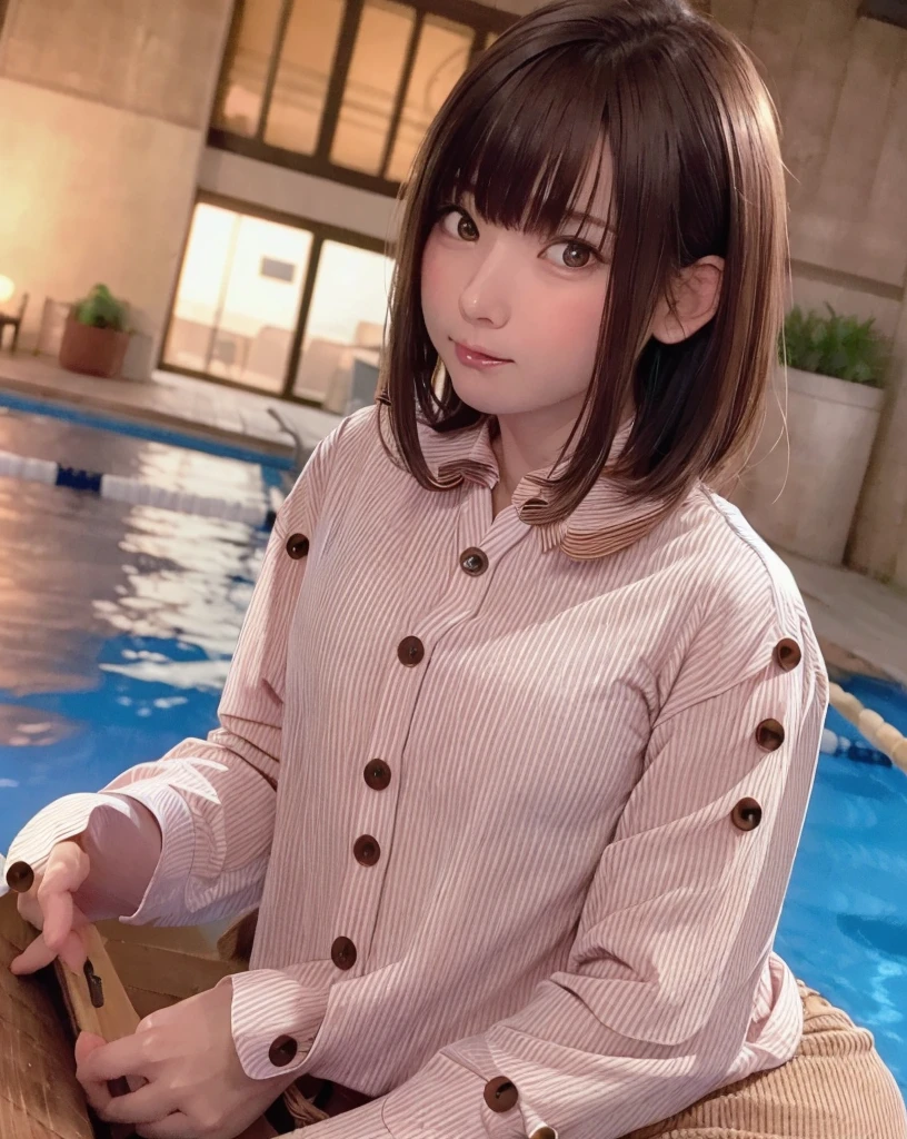 Purelos Face_v1, Highest quality, Realistic, 8K, High resolution, Full Color, One girl, woman, 20 years old woman, (Mouth closed:1.33), (Portraiture:0.6), wood, Dawn, ((Poolside Background:1.52)), Full Color, ((Buttoned shirt:1.88)), View your viewers:1.8, (One girl eyes View your viewers:1.55), (Medium Hair, Brown Hair, Parted bangs:1.35), (Bokeh), 
