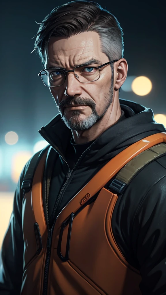 High quality portrait of Gordon Freeman from HL2. Art by Makoto Shinkai, Crunchyroll, pixiv, danbooru, HD, headshot, cinematic still, detailed anime face, bokeh, digital art, cel shading, vivid colors, ambient lighting