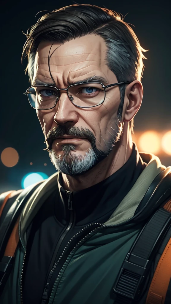High quality portrait of Gordon Freeman from HL2. Art by Makoto Shinkai, Crunchyroll, pixiv, danbooru, HD, headshot, cinematic still, detailed anime face, bokeh, digital art, cel shading, vivid colors, ambient lighting
