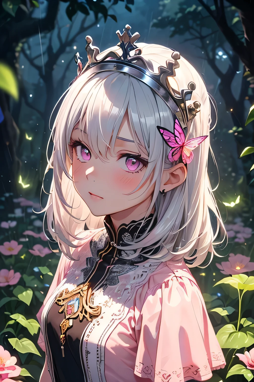 (((Best quality))), (((Ultra detailed))), 1 girl, ((((vivid)))),(((beautiful detailed hair, medium hair, silver hair))), (((pink eyes))), (((crown, small, pretty))), raining, viewing from above:1, (blush), flower field, beautiful detailed flowers, colorful flowers, ((fireflies, sunshine, particles)), butterfly, (beautiful butterfly hair ornament) starrystarscloudcolorful