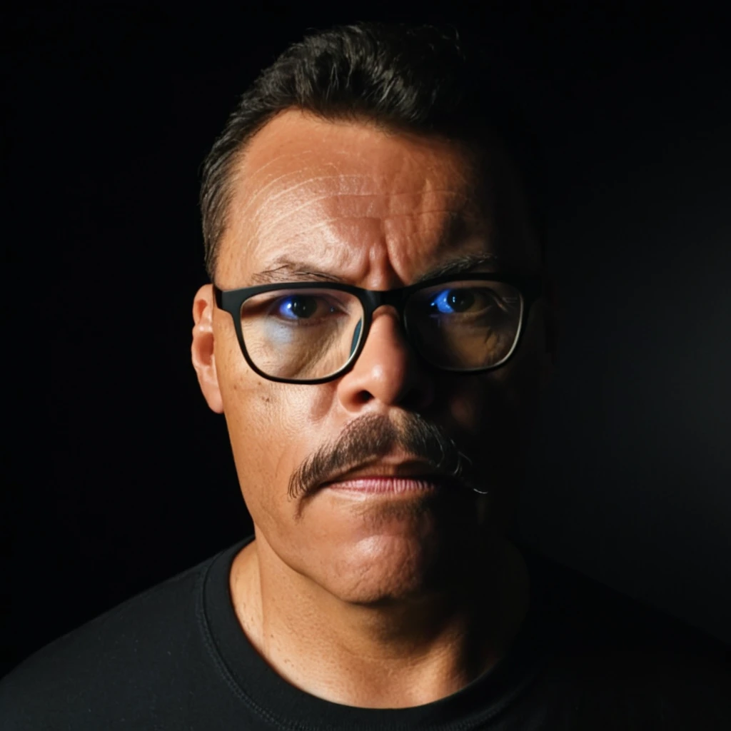 Professional raw 3x4 portrait of a man with glasses, (mustache:1.5), yellow t-shirt, dramatic lighting, black background, sharp focus, high contrast, cinematic quality, moody atmosphere, chiaroscuro technique, piercing gaze, rimless rectangular glasses, furrowed brow, intense expression, shadowy contours, highlight on cheekbones, studio lighting setup, catch light in eyes, textured skin details, professional headshot, 85mm lens, shallow depth of field, RAW image format, high-resolution, award-winning photography style, inspired by Peter Lindbergh, dramatic shadows across face, strong jawline accentuated by lighting. gutto2024abr