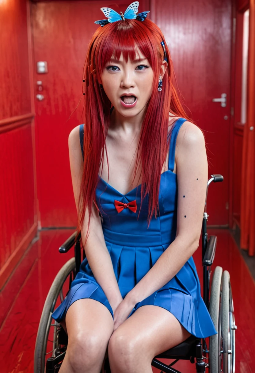 Uhd, photo of Cami, subject: Noriko, 1/2 Japanese 1/2 Hainu skinny girl in a 2/0 large wheelchair with long red hair and fringe, blue+++ eyes, oval face, LGBTQIA+, queer, punk style, wearing 1/3 long red dress, buttefly hairclip, tattooes.  She has a very angry facial expression and looks towards the camera.. She is screaming and walking. Background: red room.