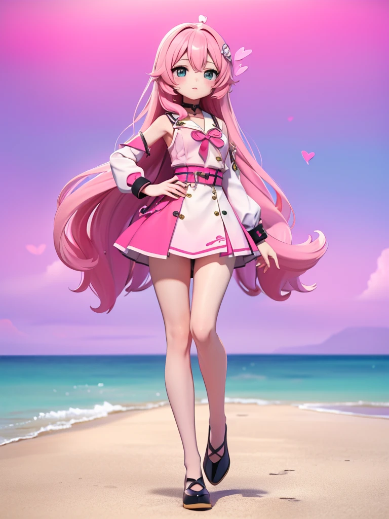 Seizo Watase style, Simple Line Initialism，Abstract art, 3d character, colorful hearts ,(((The most beautiful girl of all time))),  (full body 1.2), only girl, long hair, sea background, 18 year old, full body, (((8k))), ((3d))), pink code, 