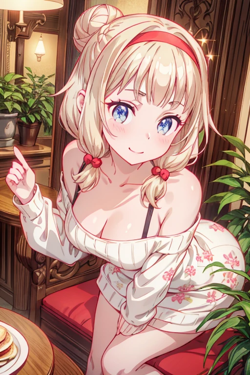 (((Masterpiece))),(((Super Detail))),(((in 8K))),(((best composition))),(((Rim lighting,Fireglow effect,deep shadow))),solo),Beautiful fingers,Detailed finger features,(Detailed hair features:1.7),(Dynamic and bending pose:1.3),detailed facitures,detailed clothes features, (perky chest:1.1), (pointed chest:1.3), delicate beautiful face, Bright blue eyes, cute eyes, sparkling eyes, Big eyes, beautiful detailed eyes,double bun with glittering hair ornament:0.6,(super detailed glossy skin:1.3),slender body,goddess smile,((with sparkling eyes and a contagious smile)),beautiful posture,have a cup of coffee,black hair, red eyes, dress, bare shoulders, jewelry, collarbone, sidelocks, hairband, earrings, indoors, off shoulder, sweater, arms behind back, plant, short hair with long locks, white hairband, off-shoulder dress, sweater dress, off-shoulder sweater, red sweater, big side hair, very long side hair,(super delicate floral pattern:1.2),seductive cleavage:1.3,beautiful glossy legs,shiny red high heels,lifting dishes with cakesd,french restaurant,hustle and bustle,rising steam,(((depth of fields)))