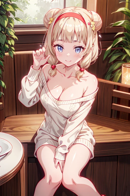 (((Masterpiece))),(((Super Detail))),(((in 8K))),(((best composition))),(((Rim lighting,Fireglow effect,deep shadow))),solo),Beautiful fingers,Detailed finger features,(Detailed hair features:1.7),(Dynamic and sexy bending pose:1.3),detailed facial features,detailed clothes features, (perky chest:1.1), (pointed chest:1.3), delicate beautiful face, Bright blue eyes, cute eyes, sparkling eyes, Big eyes, beautiful detailed eyes,double bun with glittering hair ornament:0.6,(super detailed glossy skin:1.3),slender body,goddess smile,((with sparkling eyes and a contagious smile)),beautiful posture,have a cup of coffee,black hair, red eyes, dress, bare shoulders, jewelry, collarbone, sidelocks, hairband, earrings, indoors, off shoulder, sweater, arms behind back, plant, short hair with long locks, white hairband, off-shoulder dress, sweater dress, off-shoulder sweater, red sweater, big side hair, very long side hair,(super delicate floral pattern:1.2),seductive cleavage:1.3,beautiful glossy legs,shiny red high heels,lifting dishes with cakesd,french restaurant,hustle and bustle,rising steam,(((depth of fields)))