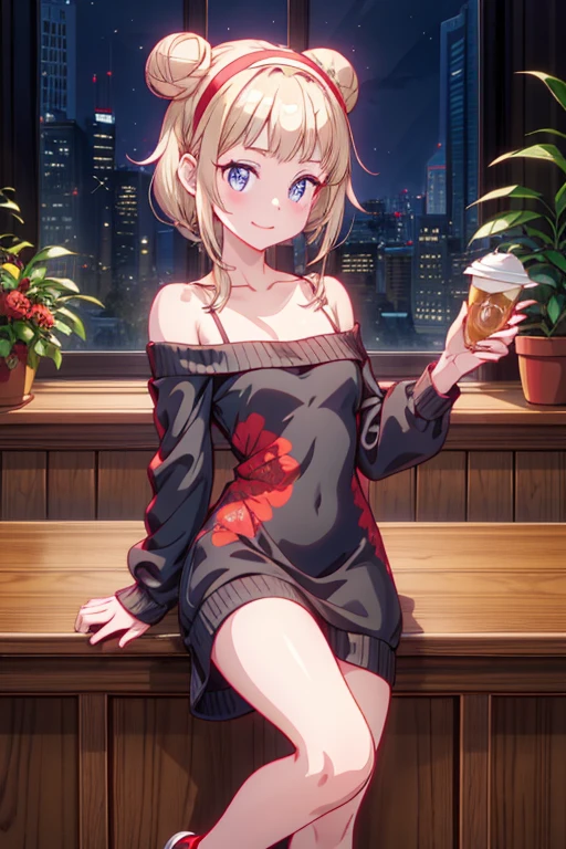 (((Masterpiece))),(((Super Detail))),(((in 8K))),(((best composition))),(((Rim lighting,Fireglow effect,deep shadow))),solo),Beautiful fingers,Detailed finger features,(Detailed hair features:1.7),(Dynamic and sexy bending pose:1.3),detailed facial features,detailed clothes features, (perky chest:1.1), (pointed chest:1.3), delicate beautiful face, Bright blue eyes, cute eyes, sparkling eyes, Big eyes, beautiful detailed eyes,double bun with glittering hair ornament:0.6,(super detailed glossy skin:1.3),slender body,goddess smile,((with sparkling eyes and a contagious smile)),beautiful posture,have a cup of coffee,black hair, red eyes, dress, bare shoulders, jewelry, collarbone, sidelocks, hairband, earrings, indoors, off shoulder, sweater, arms behind back, plant, short hair with long locks, white hairband, off-shoulder dress, sweater dress, off-shoulder sweater, red sweater, big side hair, very long side hair,(super delicate floral pattern:1.2),seductive cleavage:1.3,beautiful glossy legs,shiny red high heels,lifting dishes with cakesd,french restaurant,hustle and bustle,rising steam,(((depth of fields)))