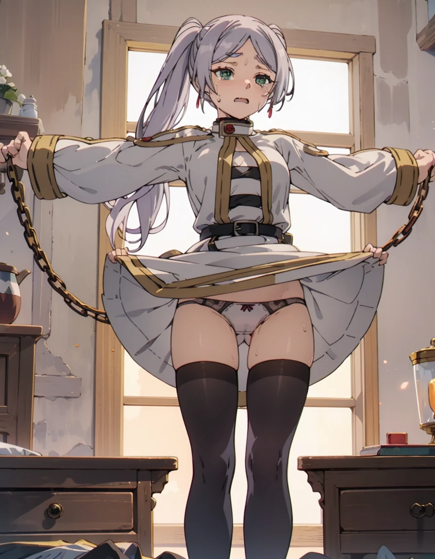 (Highest quality, masterpiece),sexy, erotic, One Girl, 18-year-old, Contempt, pride, Long silver hair, ((Green Eyes)), View your audience, View your audience, Warm Light, ((White Dress)), ((Are standing)), (Small breasts), ((She lifts up her skirt and her panties and stockings are visible through the panties,Detailed pantyhose)),((Black pantyhose)), Two ponytails,upskirt,Good transparency, Juicy ass, Juicy breasts,Perfect Legs, Elastic breasts, Chained in a dungeon,pain, Are crying, slave,Black Chain on the leg, Legs are locked, Put your arms behind your back, Black Chain, Are crying, Perfect Mouth, Perfect Face, Perfect Eyes, Perfect Nose, Embarrassed eyes, Beautiful body, Perfect Eyes, Beautiful Eyes, Sweaty, Sweaty, Huge breasts, Perfect Ass, Perfect breasts, Perfect Armpits, Crying for help, pain, Are crying, Flowing mascara, Tied to the wall, Legs are locked, The feet are fixed to the floor, A mouth perfect for a girl, Tied to bed, covered with chains, (Arms tied, Put your arms behind your back, code, Tied legs:1.2), Perfect body, Perfect Anatomy, One girl, Black shackles on his wrists, Lie on your back