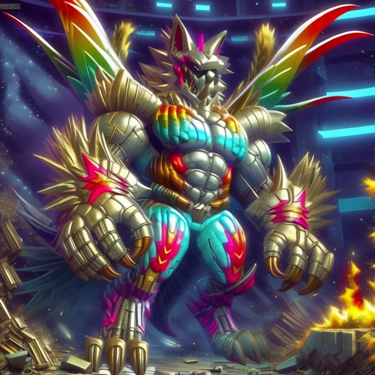 (masterpiece. official art. 8k. best quality. detailed full body. full body.)
(situation 1 : dominating The Phoenix Wolf. The Phoenix Wolf is over 1000 meters long. focus GIANT mechanical Muscular The Phoenix Wolf is trampling the car. Looking down.)
(situation 2 :smoke and flames rising from the destruction in the city)
(Additional details 1: Wearing GOLDEN Armor. Cape. Helmet. real texture material. whole body shines like metal. emphasizes the muscles. suit fully made of metal. Robotic suit. edgMecha, wearing edgMecha, mecha suit, robot suit)
(Additional details 1.5: The arms are golden. The lower half of the body is golden. The wolf-shaped helmet has sharp fangs. The whole body is golden. The wolf-shaped helmet. There is a wolf-shaped decoration on the back of the hand.)
(Additional details 2: Detailed head. Detailed Body. Detailed abs. gigantic muscles. HYPER MUSCLES. Gigachad Muscular. big muscle. pecs. triceps. traps. unusually developed muscular body. body full of huge muscles. showing off muscles. pectorales enormes. Exaggeratedly huge muscles. huge muscles. long legs.).
(Additional details 3: nj5furry, Spread wings. It has wings. The claws are sharp. Sharp teeth.). He is laughing defiantly. The claws are sharp. Sharp teeth.). He is laughing defiantly.