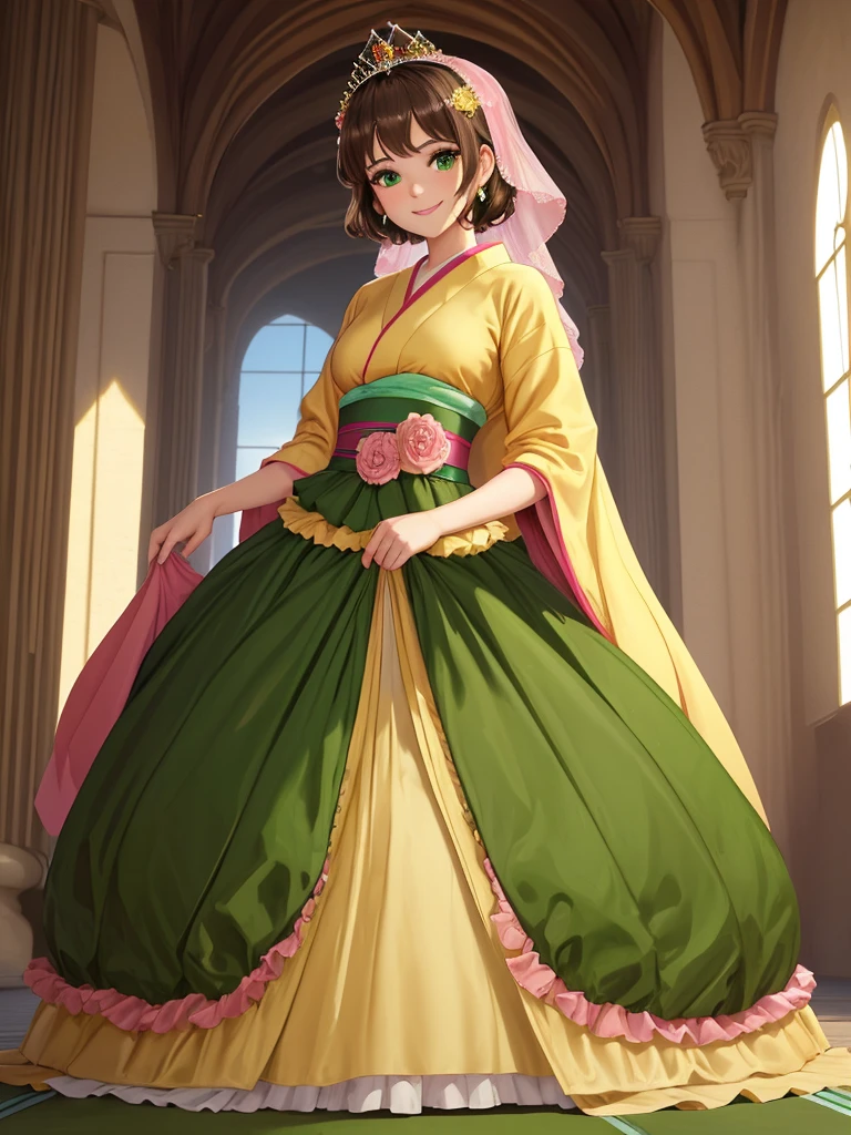 masterpiece, best quality:1.2), 1girl, smile, looking at viewer, green eyes, short brown hair, princess, princess dress, wearing puffy pink ballgown skirt reaching the floor, green kimono, golden tiara with veil, standing in ballroom of medieval castle