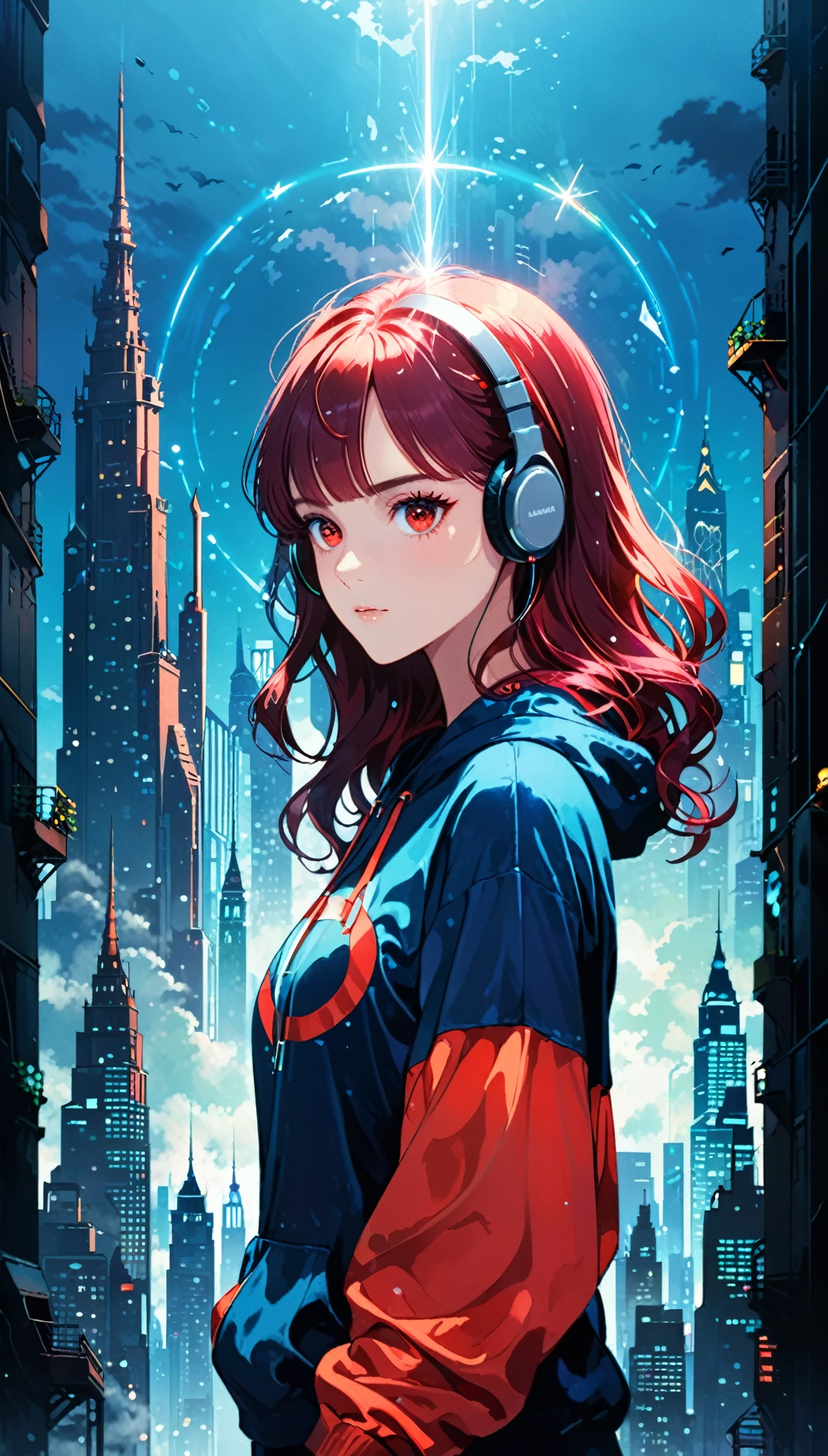 (artist:Jack Hughes:1.4),1 Girl,(Long wavy hair:1.3),(bright city View pattern on clothes:2.1),Wide hood,hoodie,(earphone:1.2),Silhouette,
(Skyline:1.2),(city View:1.4),(A large iron tower:1.3),Stand at the top of the tower,lavenderblush theme,(darkness:1.3),(contour:1.5),(Background with rich lines:1.5),(Blue Background:1.6),(detail Luminescence red eyes:1.8),(looking at viewe:1.1),(Dark atmosphere,shadow,contour,Simple style,dark,Very strong darkness:1.5),(Dynamic_angle:1.2),(fashionable_posture:1.6),glowneon,(dutch angle:1.2),
Luminescence,neon,(Diffraction fog:1.8),Hold your chest with one hand,volume,detailed,texture,(shadow:1.5),(bajifashien is loose and fashionable:1.3),Dynamic angle,Rainbow hair,detailed cute anime face,((Change)),flower,cry,water,corrugated,flowers tire,shattered glass,(The screen is broken),Atlantis,Transparent glass,curvy postureing,