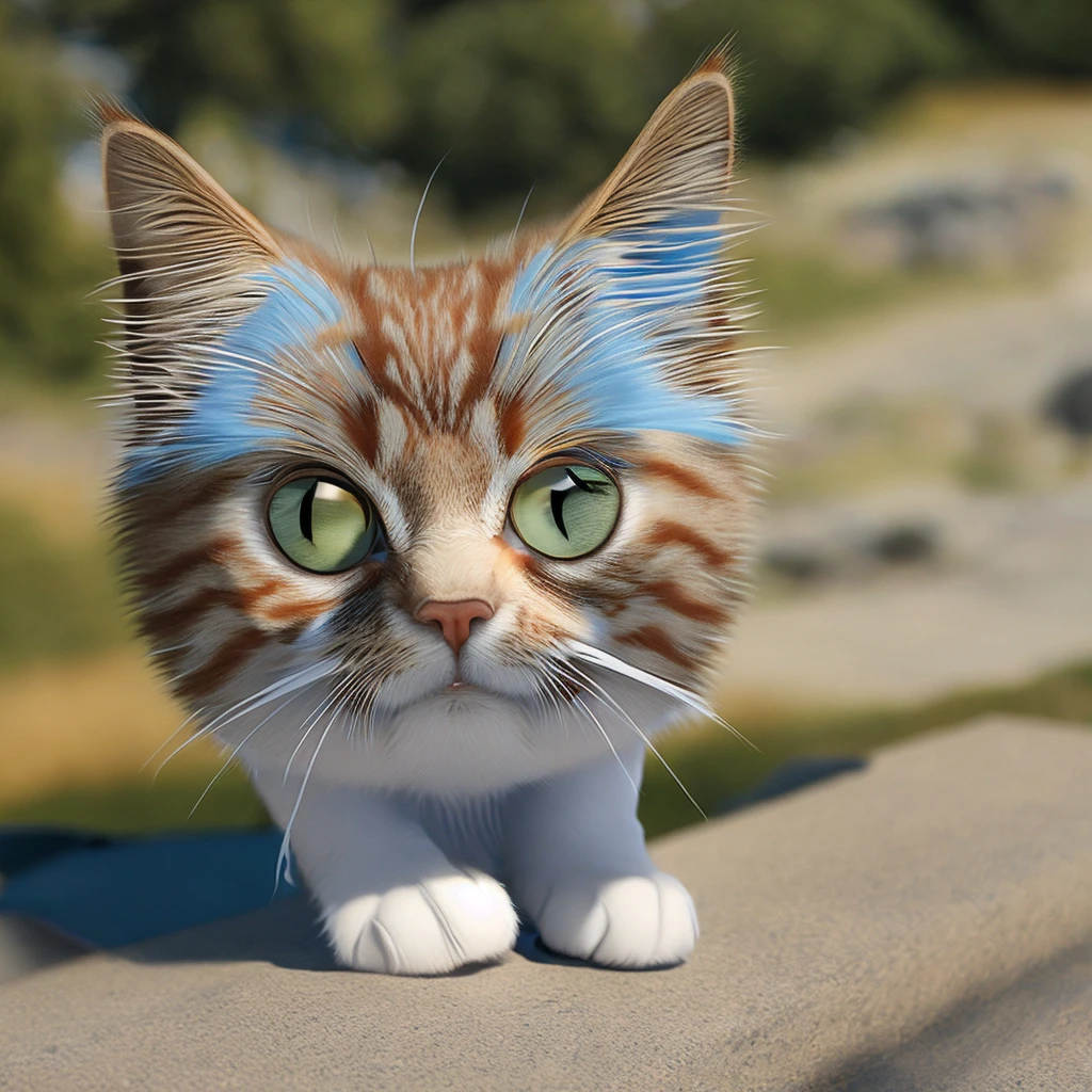 an ultra-cute animal cat on two legs, with beige-white fur, a short black wig, a dark blue band on its forehead (without the lace at the back), a light blue t-shirt, and dark blue shorts, with a sheath on its back (without a belt) holding a golden sword, light blue All-Star sneakers. On top of a 4K ultra-realistic style mountain