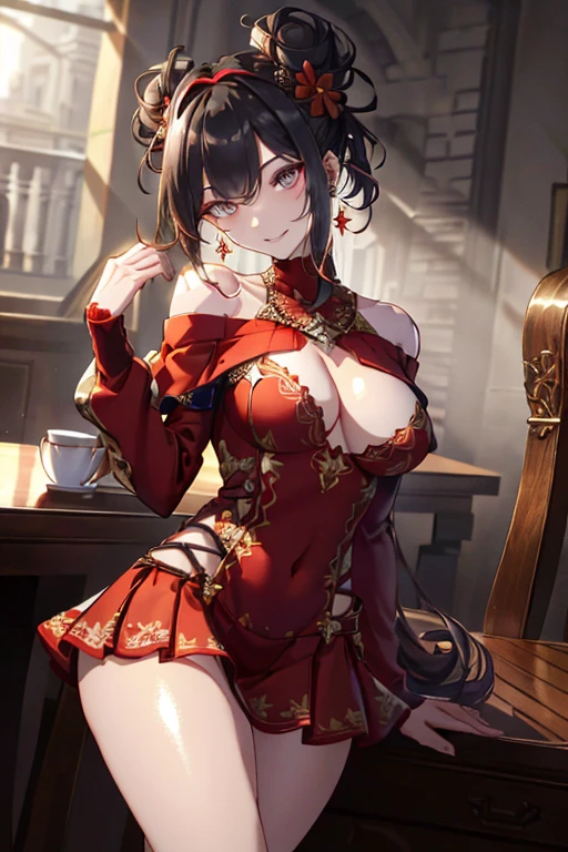 (((Masterpiece))),(((Super Detail))),(((in 8K))),(((best composition))),(((Rim lighting,Fireglow effect,deep shadow))),solo),Beautiful fingers,Detailed finger features,(Detailed hair features:1.7),(Dynamic and sexy bending pose:1.3),detailed facial features,detailed clothes features, (perky chest:1.1), (pointed chest:1.3), delicate beautiful face, Bright blue eyes, cute eyes, sparkling eyes, Big eyes, beautiful detailed eyes,double bun with glittering hair ornament:0.6,(super detailed glossy skin:1.3),slender body,goddess smile,((with sparkling eyes and a contagious smile)),beautiful posture,have a cup of coffee,black hair, red eyes, dress, bare shoulders, jewelry, collarbone, sidelocks, hairband, earrings, indoors, off shoulder, sweater, arms behind back, plant, short hair with long locks, white hairband, off-shoulder dress, sweater dress, off-shoulder sweater, red sweater, big side hair, very long side hair,(super delicate floral pattern:1.2),seductive cleavage:1.3,beautiful glossy legs,shiny red high heels,lifting dishes with cakesd,french restaurant,hustle and bustle,rising steam,(((depth of fields)))