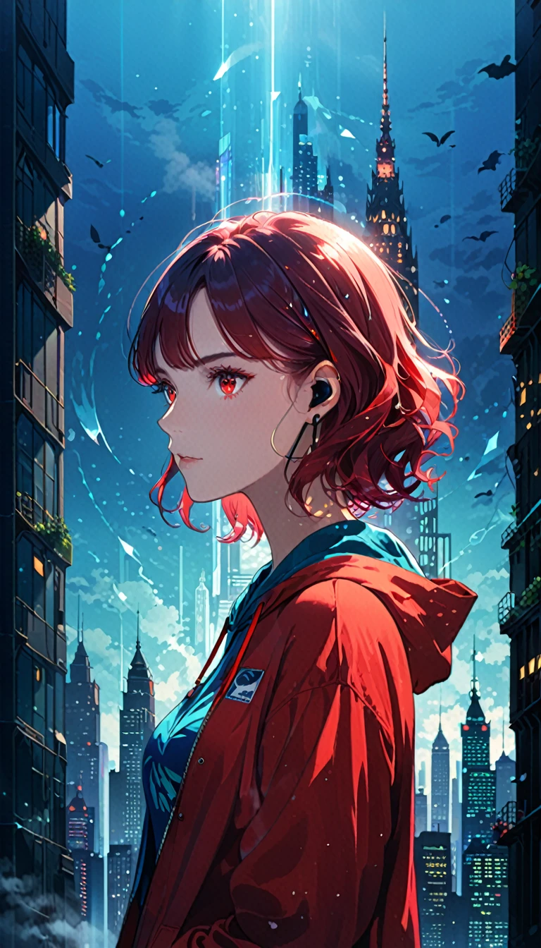 (artist:Jack Hughes:1.4),1 Girl,(Long wavy hair:1.3),(bright city View pattern on clothes:2.1),Wide hood,hoodie,(earphone:1.2),Silhouette,
(Skyline:1.2),(city View:1.4),(A large iron tower:1.3),Stand at the top of the tower,lavenderblush theme,(darkness:1.3),(contour:1.5),(Background with rich lines:1.5),(Blue Background:1.6),(detail Luminescence red eyes:1.8),(looking at viewe:1.1),(Dark atmosphere,shadow,contour,Simple style,dark,Very strong darkness:1.5),(Dynamic_angle:1.2),(fashionable_posture:1.6),glowneon,(dutch angle:1.2),
Luminescence,neon,(Diffraction fog:1.8),Hold your chest with one hand,volume,detailed,texture,(shadow:1.5),(bajifashien is loose and fashionable:1.3),Dynamic angle,Rainbow hair,detailed cute anime face,((Change)),flower,cry,water,corrugated,flowers tire,shattered glass,(The screen is broken),Atlantis,Transparent glass,curvy postureing,