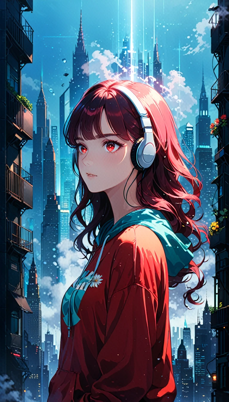 (artist：Jack Hughes:1.4),1 Girl,(Long wavy hair:1.3),(bright city View pattern on clothes:2.1),Wide hood,hoodie,(earphone:1.2),Silhouette,
(Skyline:1.2),(city View:1.4),(A large iron tower:1.3),Stand at the top of the tower,lavenderblush theme,(darkness:1.3),(contour:1.5),(Background with rich lines:1.5),(Blue Background:1.6),(detail Luminescence red eyes:1.8),(looking at viewe:1.1),(Dark atmosphere,shadow,contour,Simple style,dark,Very strong darkness:1.5),(Dynamic_angle:1.2),(fashionable_posture:1.6),glowneon,(dutch angle:1.2),
Luminescence,neon,(Diffraction fog:1.8),Hold your chest with one hand,volume,detailed,texture,(shadow:1.5),(bajifashien is loose and fashionable:1.3),Dynamic angle,Rainbow hair,detailed cute anime face,((Change)),flower,cry,water,corrugated,flowers tire,shattered glass,(The screen is broken),Atlantis,Transparent glass,curvy postureing,