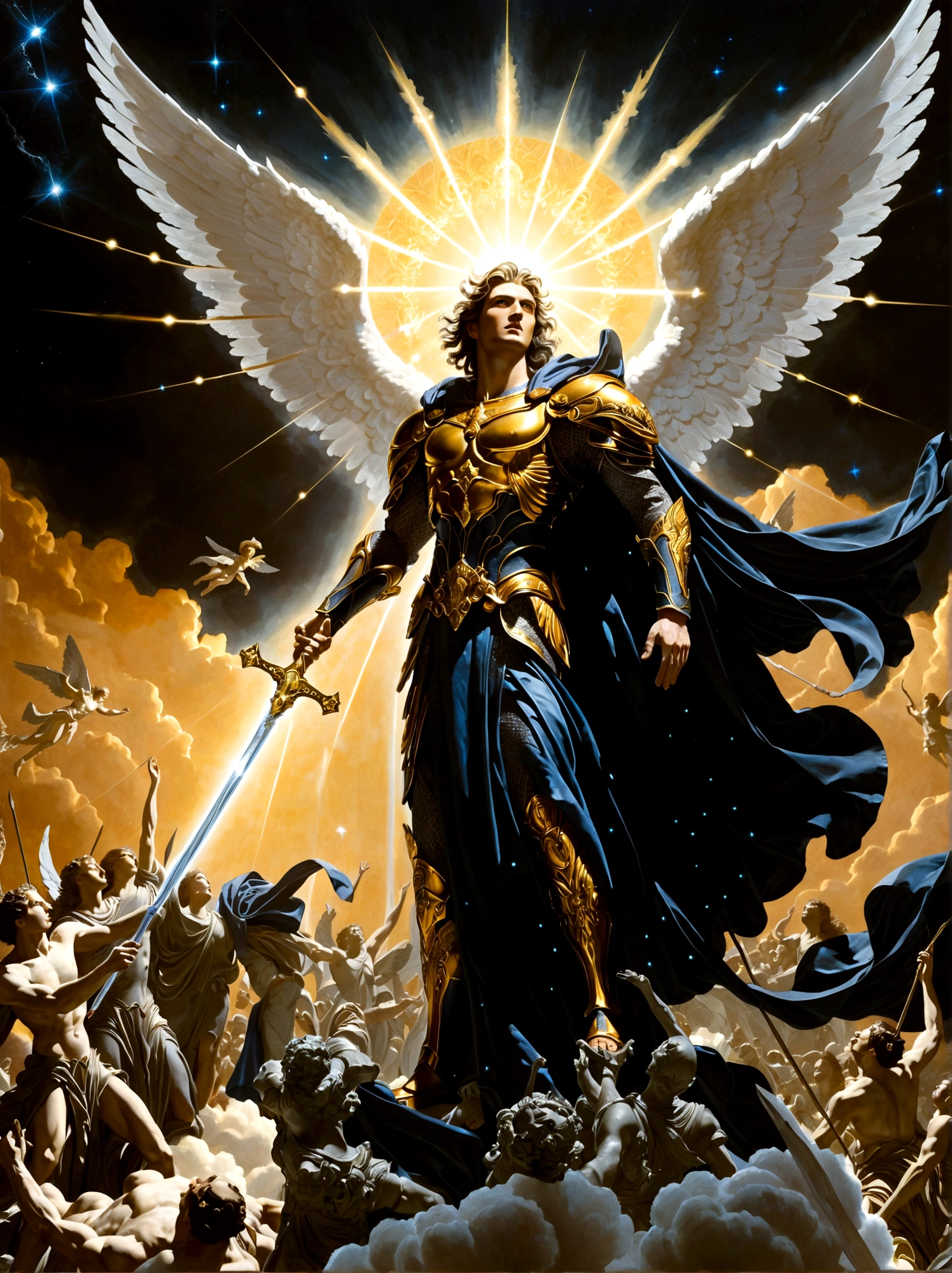 Illustrate a celestial scene showcasing an archangel with a gleaming sword descending from the heavens towards the earth. The archangel, an embodiment of purity and justice, is adorned in a radiant array of ethereal robes. Below him, a figure akin to mythological personifications of evil, appearing as a charismatic man surrounded by an array of menacing figures, stands defiantly. He is sharp-featured, captivating, and is clad in a dark suit symbolising his role as a malevolent leader. Behind him, his army, a horde of impenetrable shadows, makes their ominous presence known.