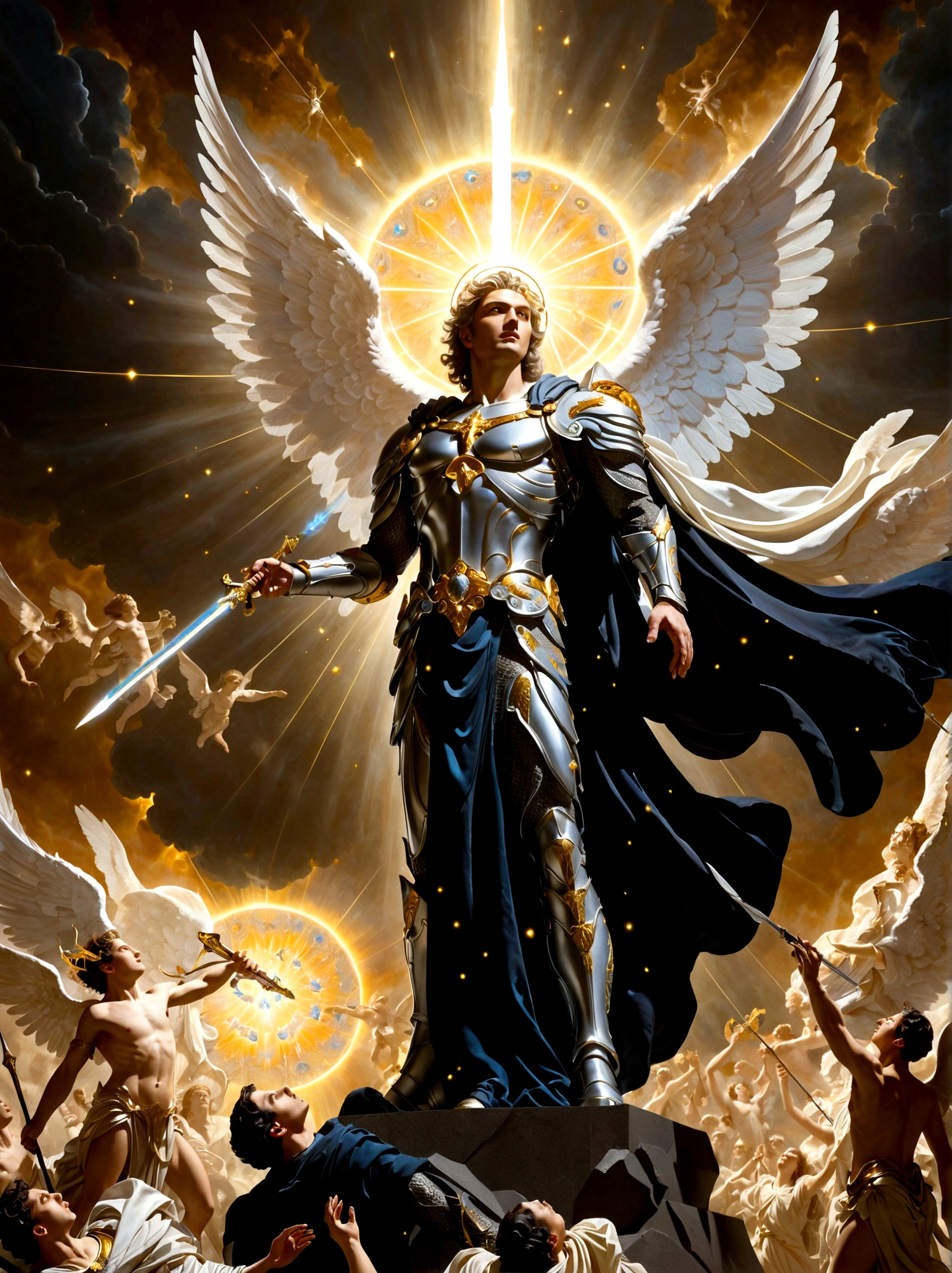 Illustrate a celestial scene showcasing an archangel with a gleaming sword descending from the heavens towards the earth. The archangel, an embodiment of purity and justice, is adorned in a radiant array of ethereal robes. Below him, a figure akin to mythological personifications of evil, appearing as a charismatic man surrounded by an array of menacing figures, stands defiantly. He is sharp-featured, captivating, and is clad in a dark suit symbolising his role as a malevolent leader. Behind him, his army, a horde of impenetrable shadows, makes their ominous presence known.