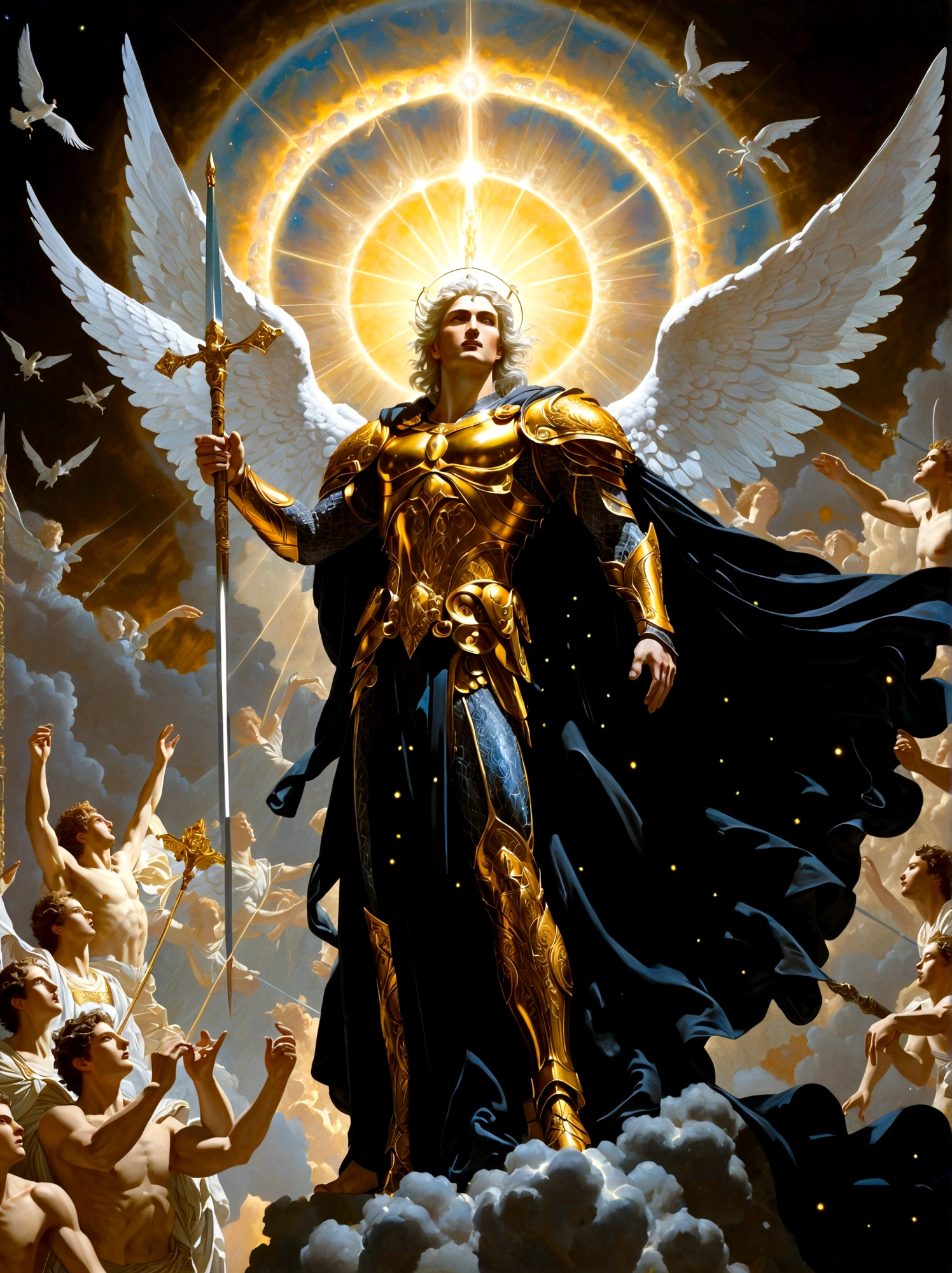 Illustrate a celestial scene showcasing an archangel with a gleaming sword descending from the heavens towards the earth. The archangel, an embodiment of purity and justice, is adorned in a radiant array of ethereal robes. Below him, a figure akin to mythological personifications of evil, appearing as a charismatic man surrounded by an array of menacing figures, stands defiantly. He is sharp-featured, captivating, and is clad in a dark suit symbolising his role as a malevolent leader. Behind him, his army, a horde of impenetrable shadows, makes their ominous presence known.