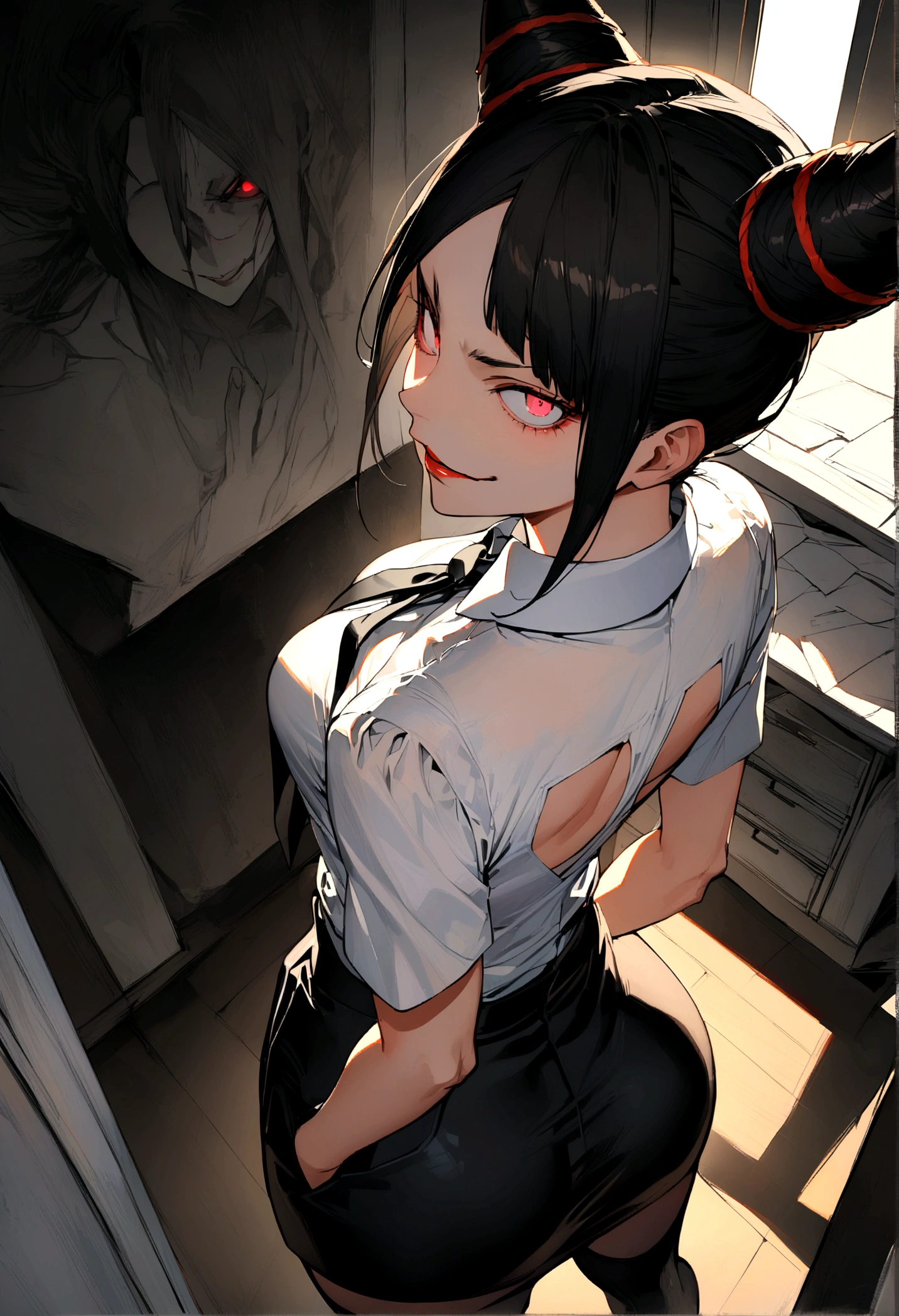 juri han, looking back,hands in pocket,work of art, tight white secretary shirt with black tie, black high waist skirt, short skirt,stocking, black hair, black tightscary sun,office,bangs on the eyes,lighting,horn of hair,view from above,evil smile
