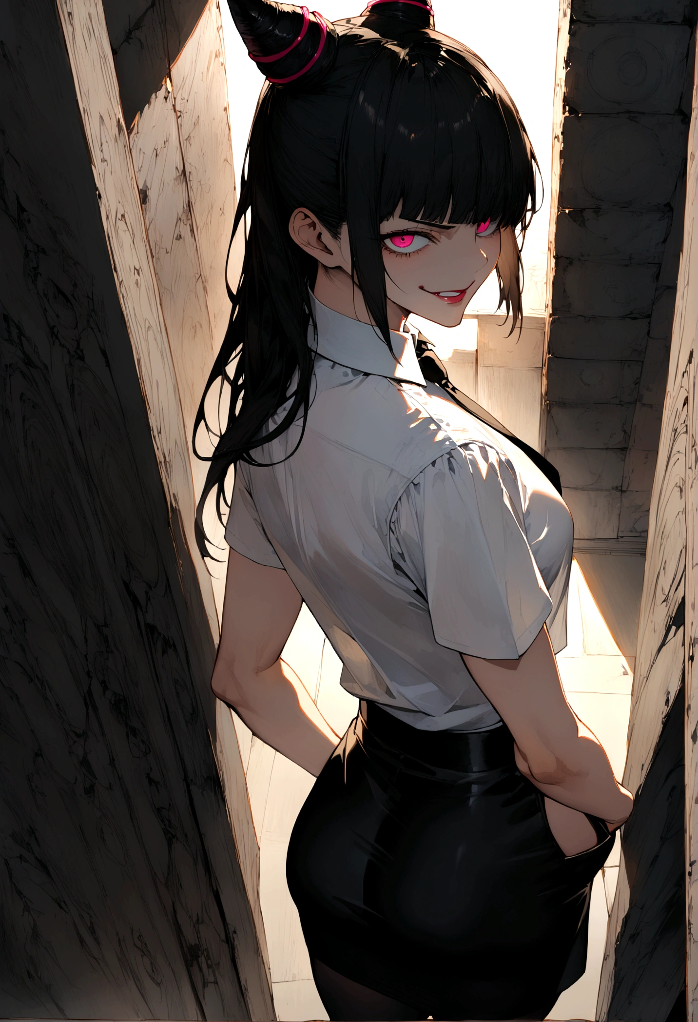 juri han, looking back,hands in pocket,work of art, tight white secretary shirt with black tie, black high waist skirt, short skirt,stocking, black hair, black tightscary sun,office,bangs on the eyes,lighting,horn of hair,view from above,evil smile,beautiful ass detailed
