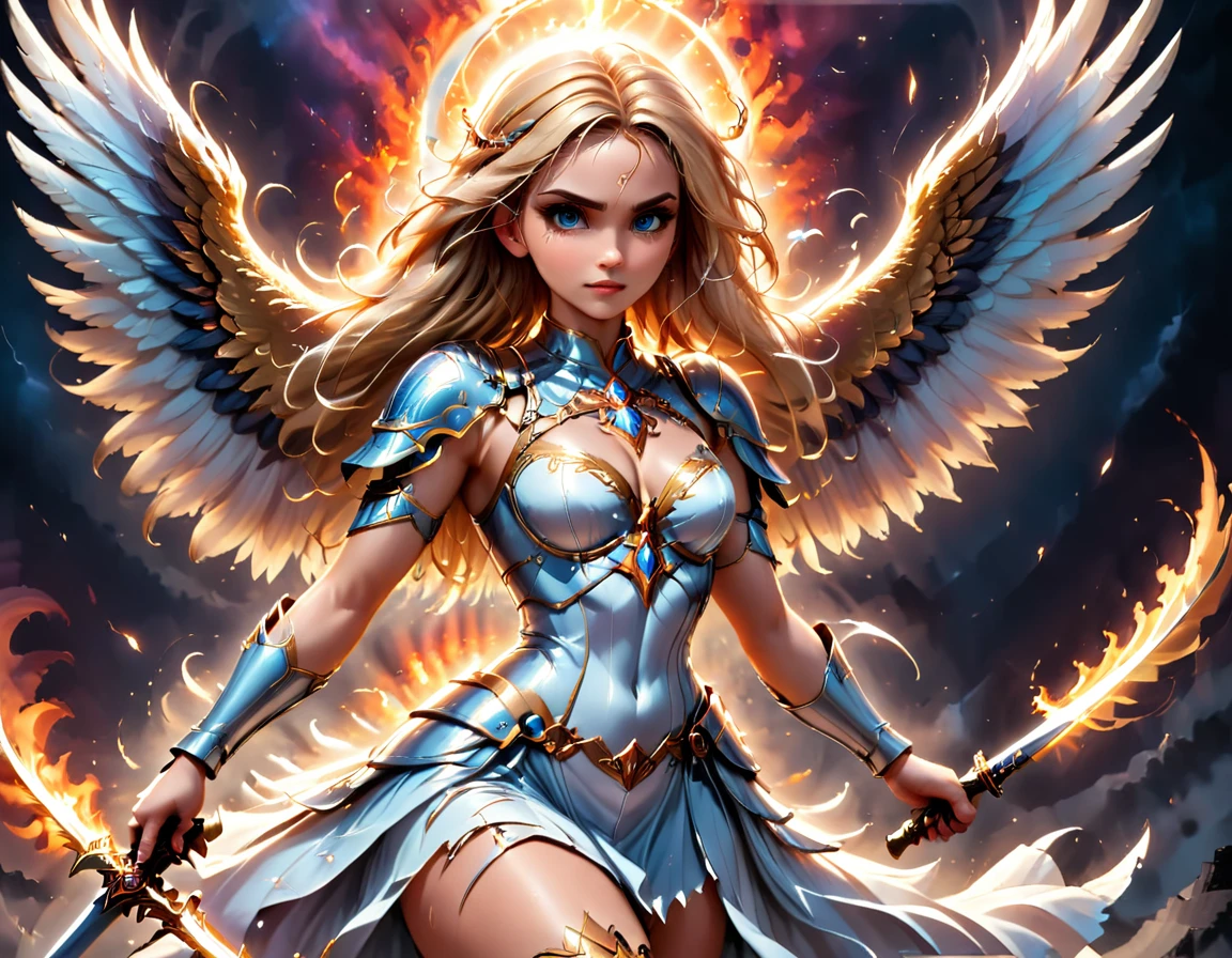 a (medieval masterwork fresco art) Italian renaissance style, of a female angel knight, spread angelic wings, soft light, full body shot, ultra detailed face, determined expression, angel of justice and vengeance, blond hair, long hair, dynamic hair style, (wearing armor: 1.2), intricate details, wearing (thigh high heeled boots: 1.1) , (holding divine sword: 1.3), flaming sword, intense details, masterwork sword, dynamic background(Masterpiece: 1.5), Vibrant, Ultra-high resolution, High Contrast, (masterpiece:1.2), highest quality, Best aesthetics), best details, best quality, highres, ultra wide angle, 16k, [ultra detailed], masterpiece, best quality, (extremely detailed), intense gaze, faize, raging nebula, ArmoredDress, drc_style