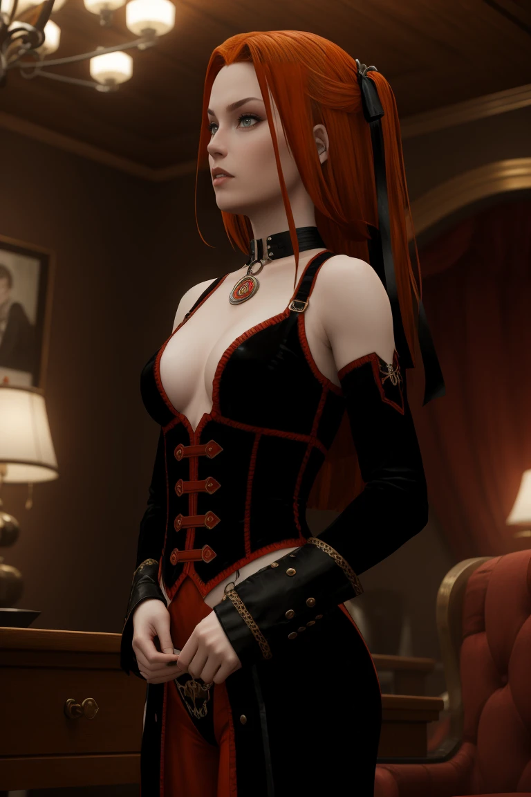 A darkened living room with worn velvet curtains framing the scene. A plush, black leather sofa dominates the space, where a gothic redhead rayneclassic sits, surrounded by cinematic artifacts. The subject's raven tresses cascade down her back like a waterfall of night, as she peruses an Italian film script, her pale skin illuminated only by the soft glow of a nearby candelabra.