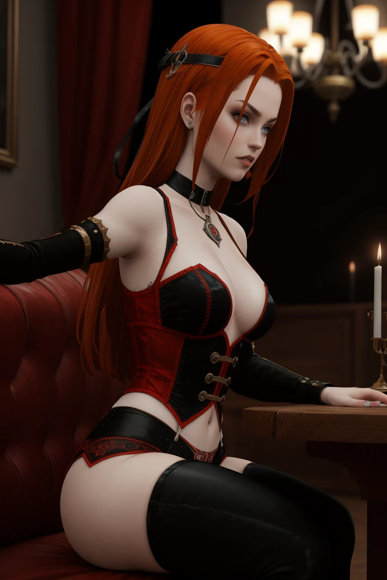 A darkened living room with worn velvet curtains framing the scene. A plush, black leather sofa dominates the space, where a gothic redhead rayneclassic sits, surrounded by cinematic artifacts. The subject's raven tresses cascade down her back like a waterfall of night, as she peruses an Italian film script, her pale skin illuminated only by the soft glow of a nearby candelabra.