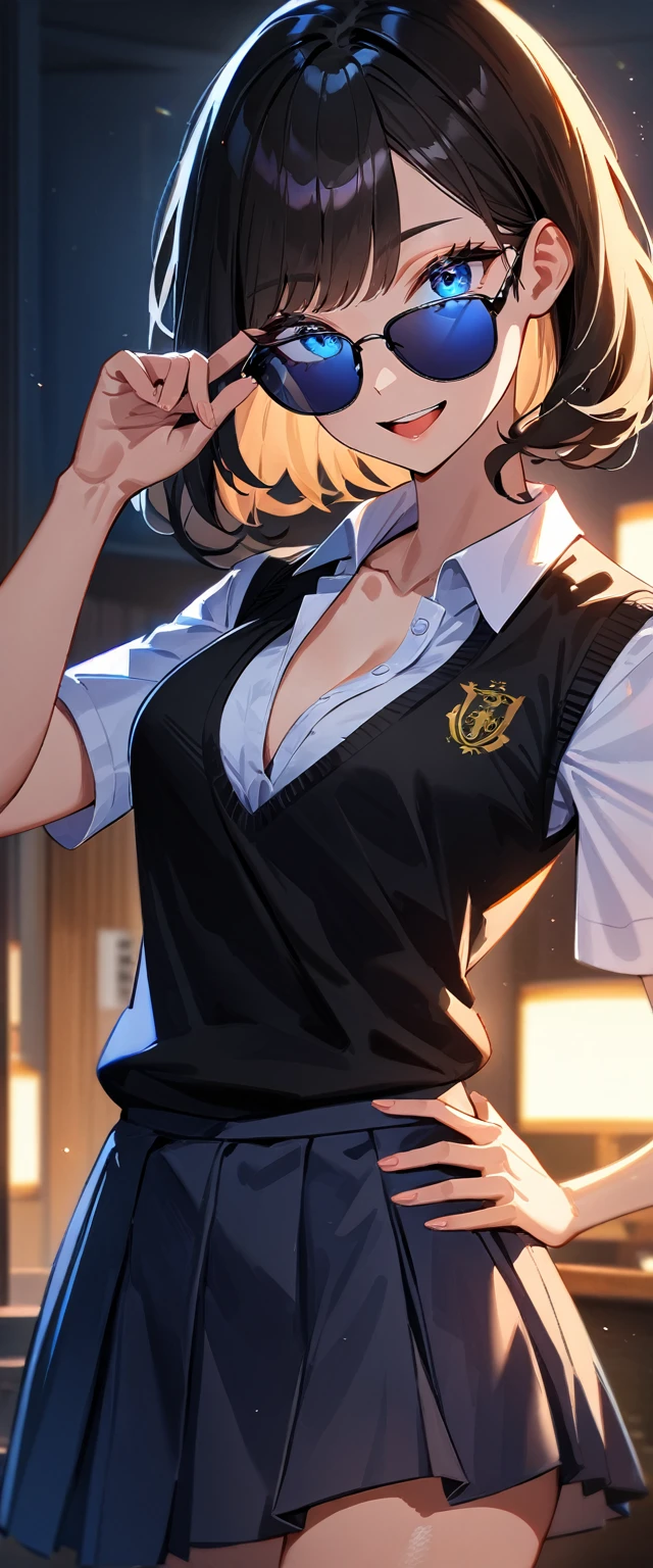 (((One girl))), ((tanned skin:1.3)), blond hair, inwardly curled hair, ((sunglasses, hand to sunglasses)), open mouth, stick out tongue, ((one hand on hip)), ((bob cut:1.3, wavy hair)), Heavy makeup, , (cowboy shot), standard body, (looking at viewer), collarbone, ((((school summer uniform, white unbuttoned shirt, skirt)))), (open collar), ((tie under the sweater vest)), ((black sweater)), teenager, head tilt:1.3, (((blue eye))), ((happy smile)), (((anime style))), (best quality, 4k, 8k, highres, masterpiece:1.2, ultra-detailed, ultra-detailed eyes, HDR, UHD, studio lighting, ultra-fine painting, sharp focus, physically-based rendering, extreme detail description, professional, vivid colors, bokeh), ((Highest quality, Best image quality, Ultra-high resolution, Ultra-high resolution, solo, Strong eye highlights)), Depth of written boundary, Natural soft light, attractive, Beautiful Face, Cleanliness, Pure Face, nedium , Beautiful Face, Perfect Fingers, Perfect hands, Perfect body, Perfect Face, Shine a light into your eyes, Perfect 