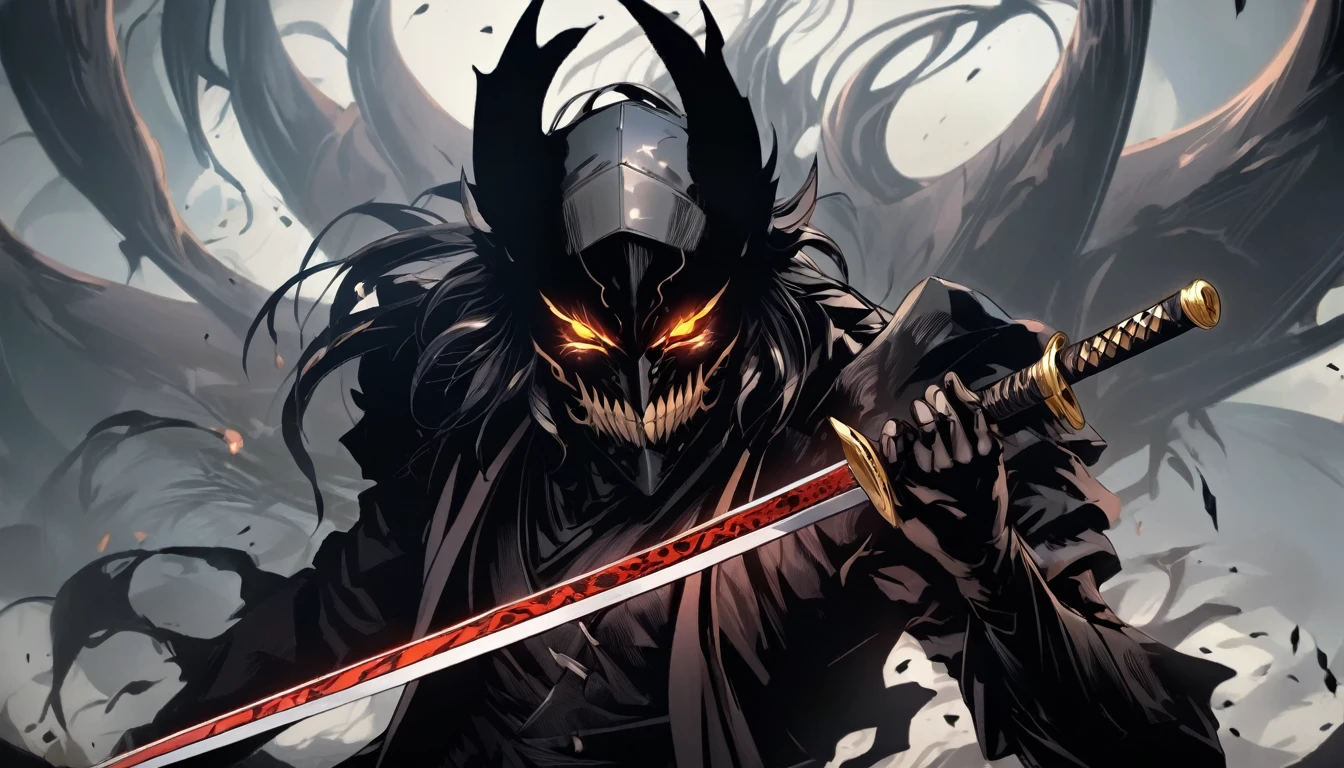 demon mask, sword on the hand,close up, black heavy detailed clothes, hand katana, art, dark and malevolent, hand sword, armor, powerful and intimidating, (masterpiece, best quality, ultra-detailed, best shadow), (detailed background, dark fantasy) dramatic light, intricate details, dark and malevolent, powerful and intimidating, Dark and foreboding, malevolent force, sinister and chilling, armor, high detailed background, girl in demon slayer art, demon slayer art style, epic anime art, God death