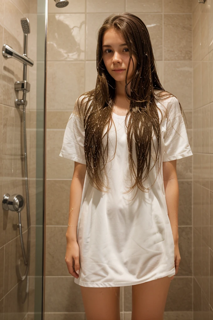 ((full detail)) a beautiful young girl of , white skin, long brown hair with abundant hair. Take a full body shower