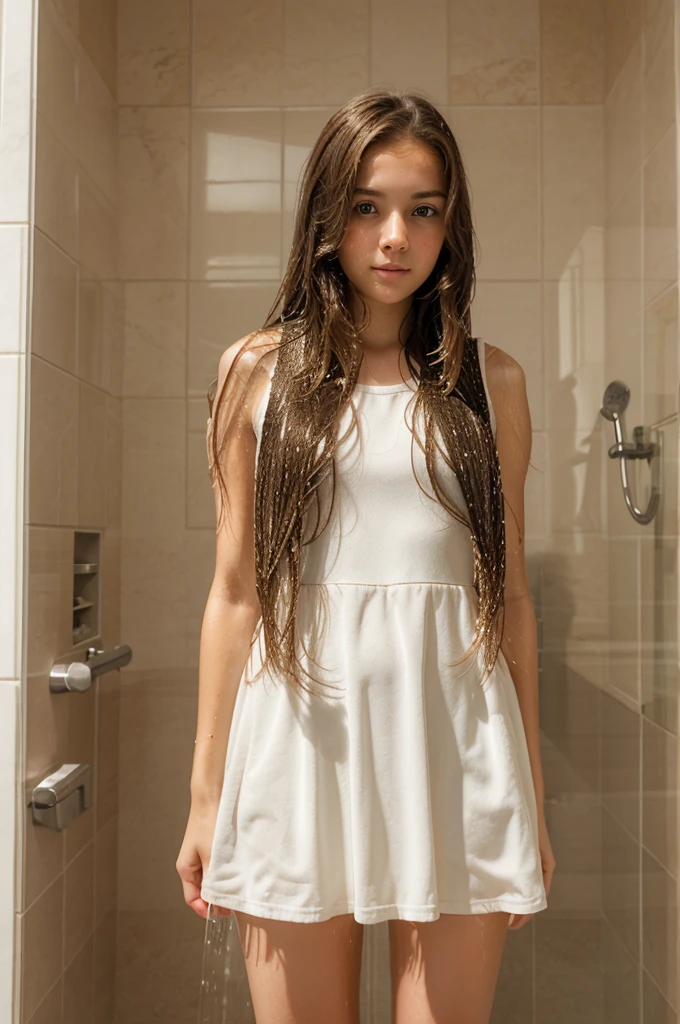 Girl in the bathroom taking photos in a dress