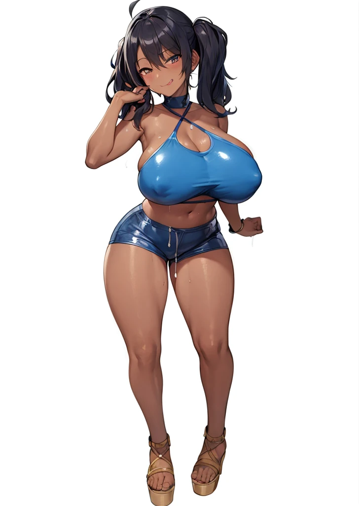 {{{Huge breasts、Narrow waist}}}、Tomboy、{{Short}}、blush、{{{{{smug}}}}}、{{squinting eyes}}、fang open mouth、Glowing Eyes、The eyes are round、{{{Giggling}}}、Black Hair、Twin tails、latex、Blue shorts 、(masterpiece:0.2), (megami magazine:0.8) best quality, 独奏, 1girl (dark skin:1.3) shiny wet sweat oily skin, cinematic rim lighting, realistic, unreal engine、tongue out, smirk, Brat