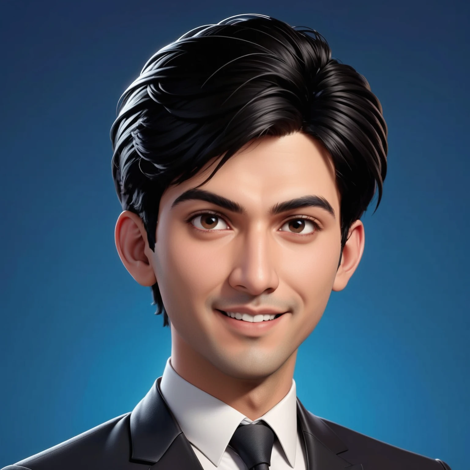 Create a full body portrait of cartoonish caricature 3D animation of a big-headed facing straight to the camera. a 25 years old Pakistani businessman. He has short black pixie cut hair. His face is oval with smooth lines, thick and neat black eyebrows, normal eyes, a small, sharp nose, and thin lips with a wide, friendly smile. He wore a black double breasted suit. Gradient blue background. masterpiece, top quality, highly detailed skin and face, ultra-realistic, high definition, sharp focus, Concept Art. Front facing, medium wide angle shot, in a office environment.