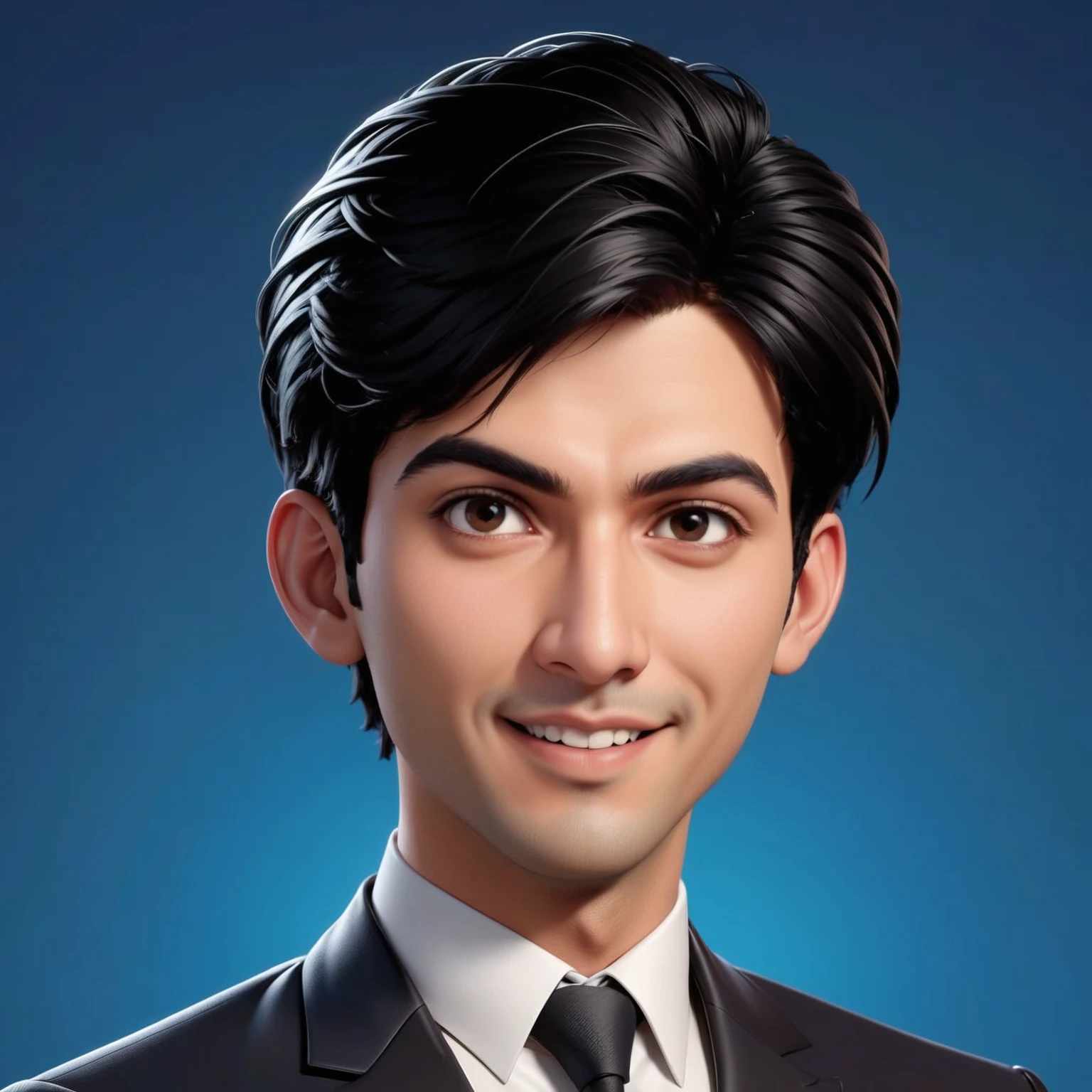 Create a full body portrait of cartoonish caricature 3D animation of a big-headed facing straight to the camera. a 25 years old Pakistani businessman. He has short black pixie cut hair. His face is oval with smooth lines, thick and neat black eyebrows, normal eyes, a small, sharp nose, and thin lips with a wide, friendly smile. He wore a black double breasted suit. Gradient blue background. masterpiece, top quality, highly detailed skin and face, ultra-realistic, high definition, sharp focus, Concept Art. Front facing, medium wide angle shot, in a office environment.