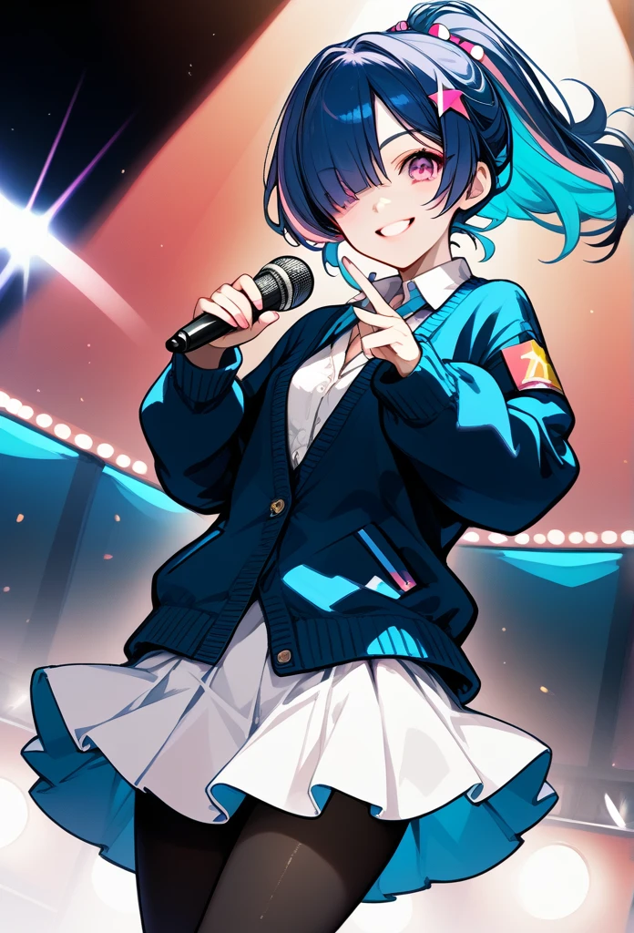 mature woman, mature face, pink eyes, excited expression, excited face, wide smile, glossy lips, ponytail hair, (blue hair color, pink gradient hair color, azure color hair), bangs covering left eye, left blinding bangs hairstyle, mature body, small breasts, dark blue cardigan, short skirt, navy color skirt, pantyhose, idol, stage, holding microphone, (idol pose) 