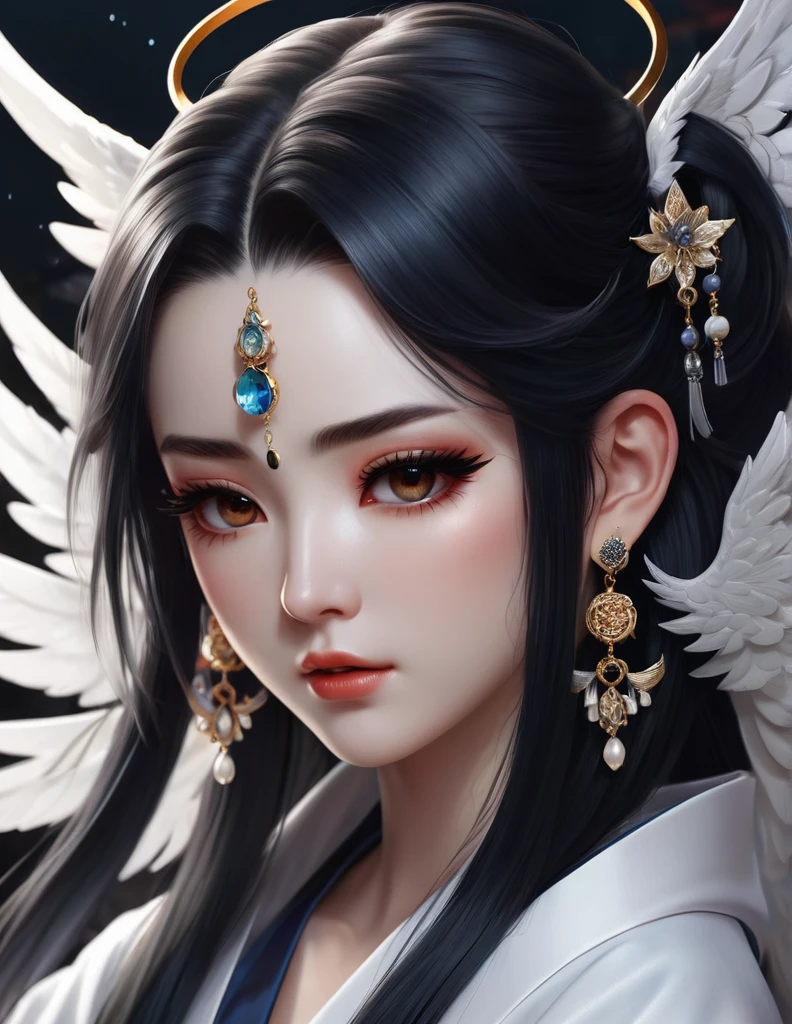 quality(8k wallpaper of extremely detailed CG unit, ​masterpiece, hight resolution, top-quality, top-quality real texture skin,hyper realisitic, digitial painting,increase the resolution,RAW photos，best qualtiy,highly detailed,the wallpaper),BREAK,8K, onmyoji-style art,  black long hair , angel girl, owel tattoos, white robe , full face, close up shot,  frontal shot, crystal earrings, piercings 