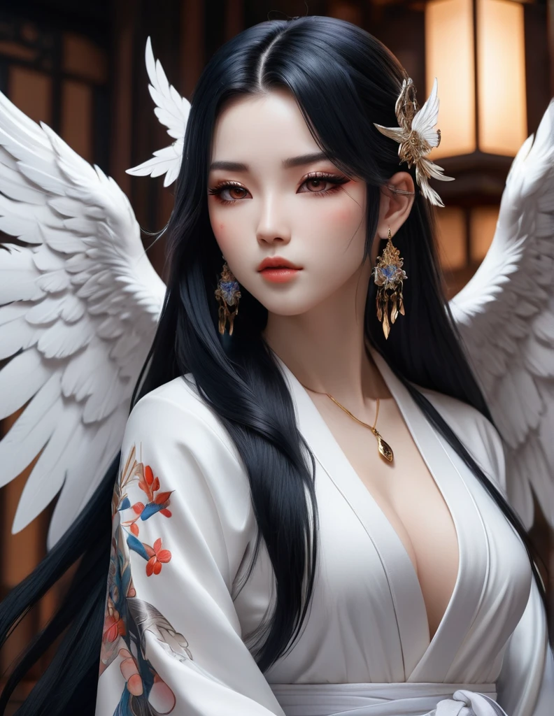 quality(8k wallpaper of extremely detailed CG unit, ​masterpiece, hight resolution, top-quality, top-quality real texture skin,hyper realisitic, digitial painting,increase the resolution,RAW photos，best qualtiy,highly detailed,the wallpaper),BREAK,8K, onmyoji-style art,  black long hair , angel girl, owel tattoos, white robe , full face, close up shot,  frontal shot, crystal earrings, piercings 