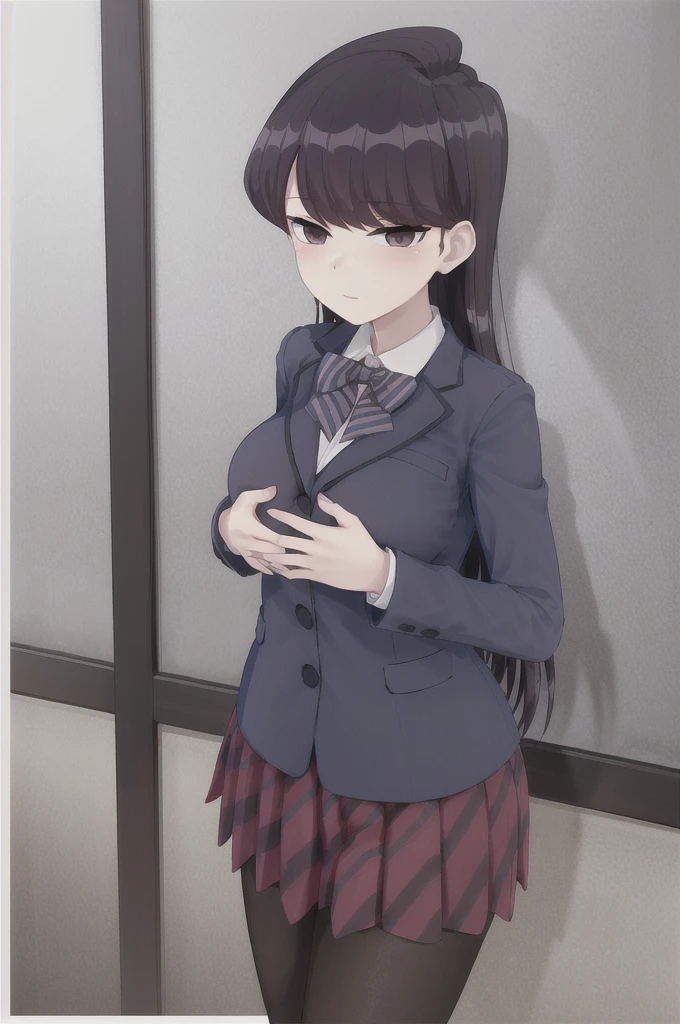 masterpiece, best quality, 1girl, solo, komi-san wa komyushou desu, ks , blue jacket, white shirt, striped bowtie, red skirt, sexy position, medium breasts, cute, black pantyhose, (((Grab your chest with both hands))), looking at viewer, (classroom), cowboy shot 